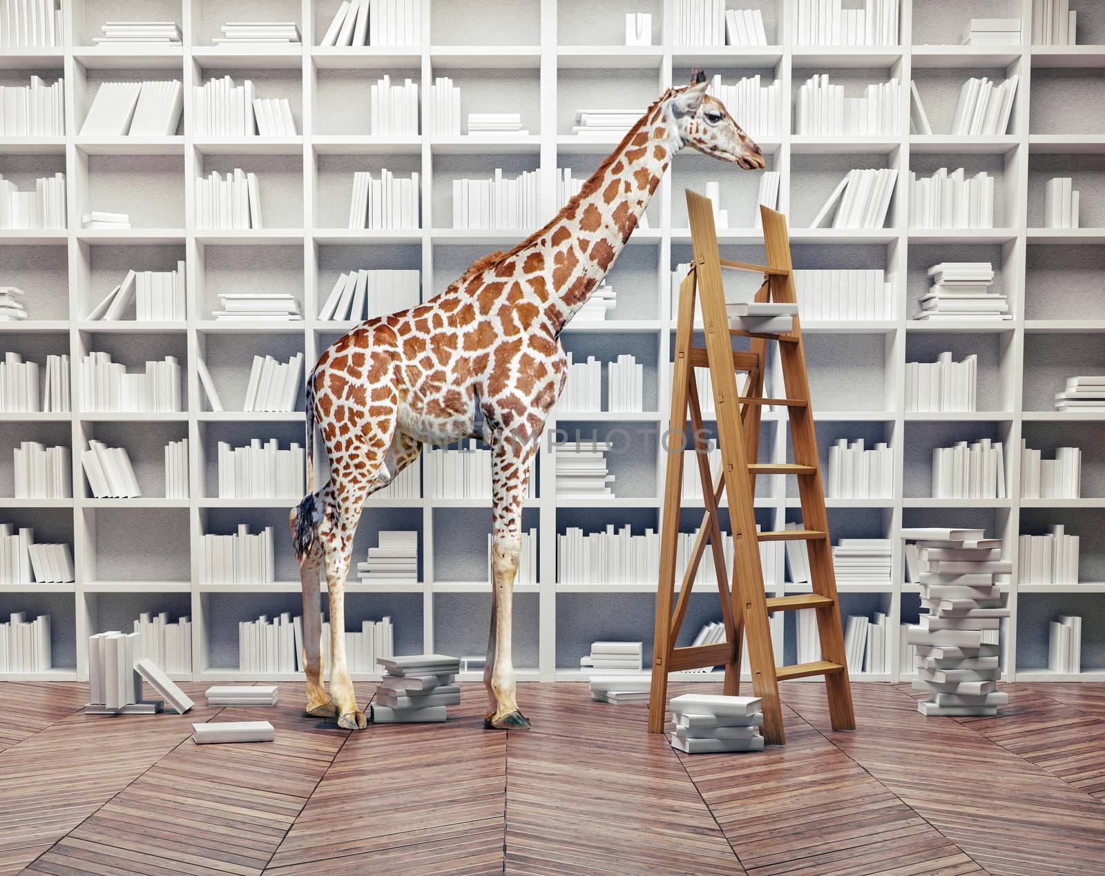 an giraffe baby  in the room with book shelves. Creative concept