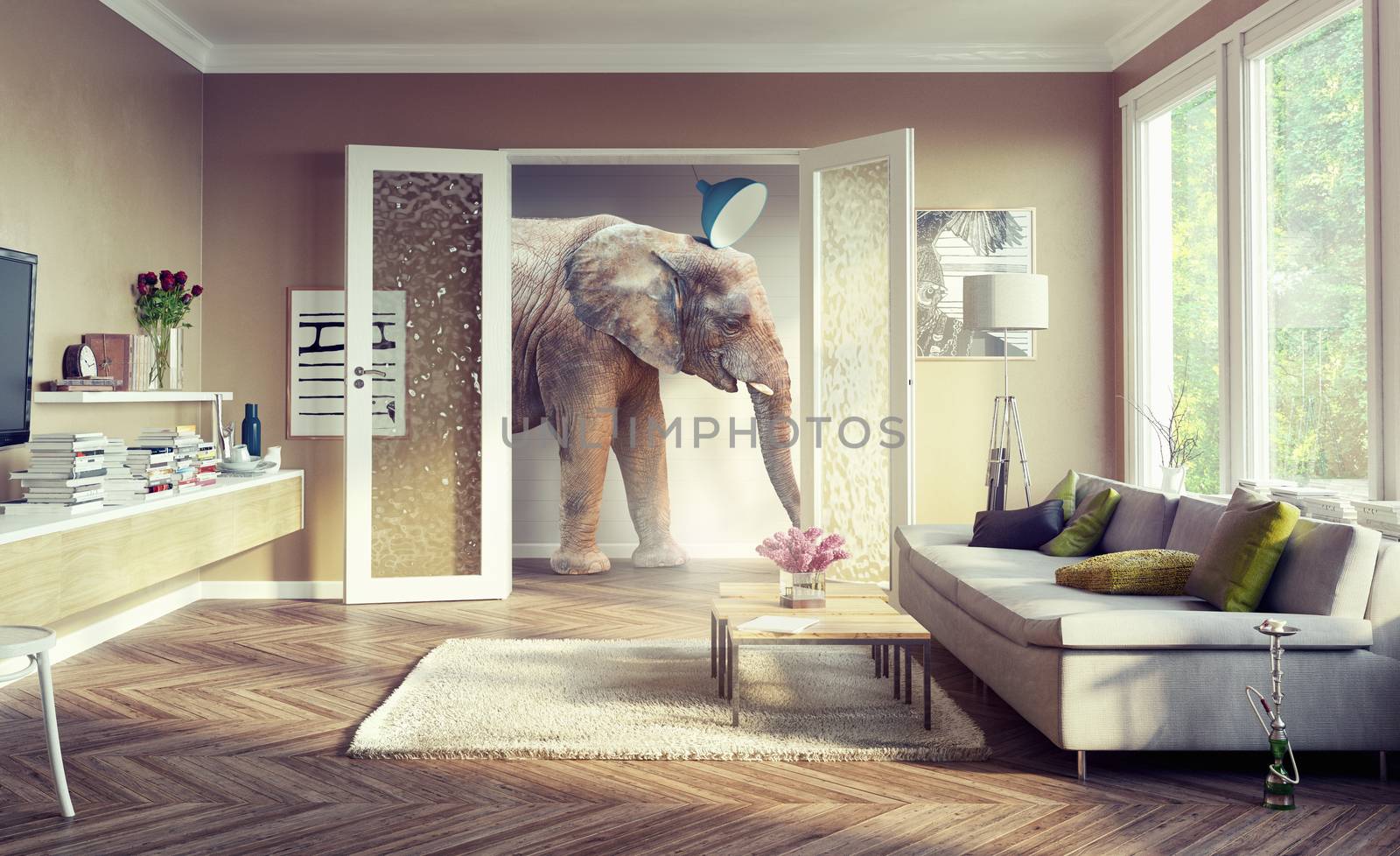 Big elephant, walking in the apartment rooms. 3d concept