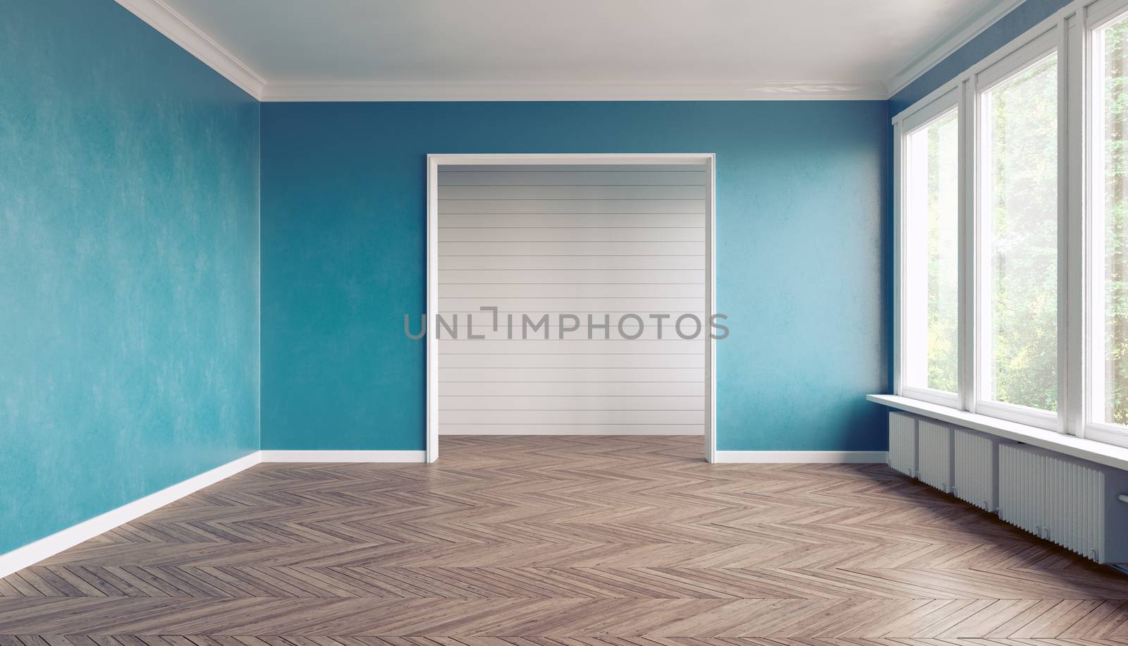 Empty blue  interior. 3D interior rendering