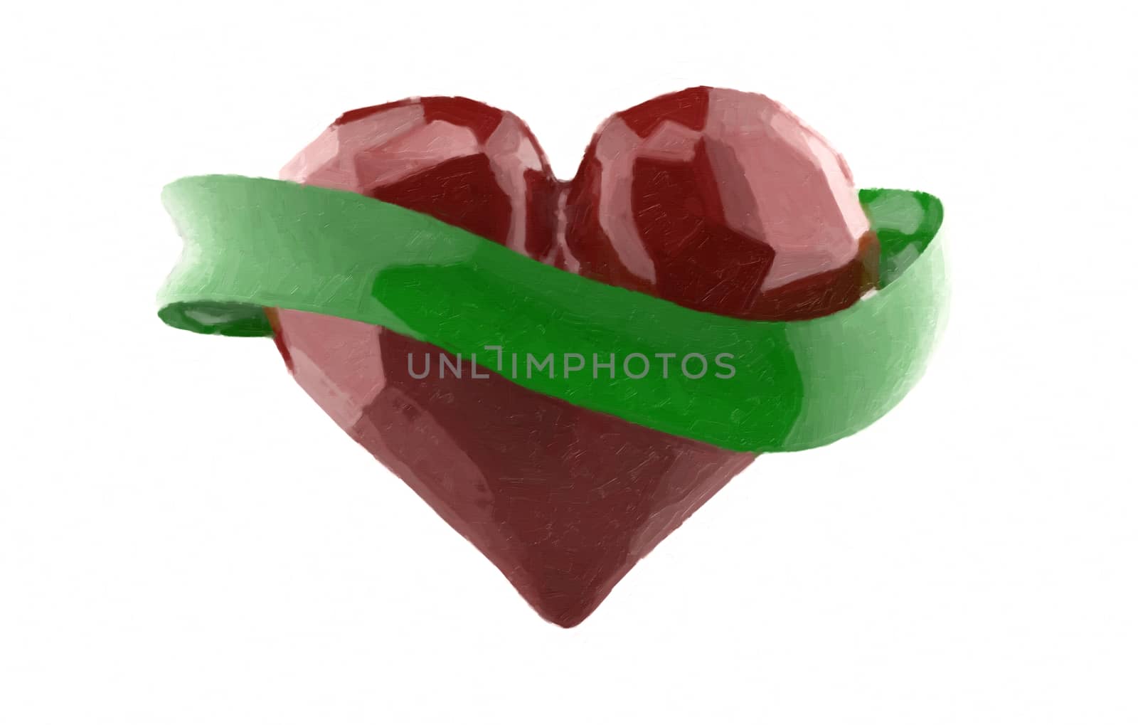 Flying 3d red chopped heart with green rubbon. Copyspace for text.