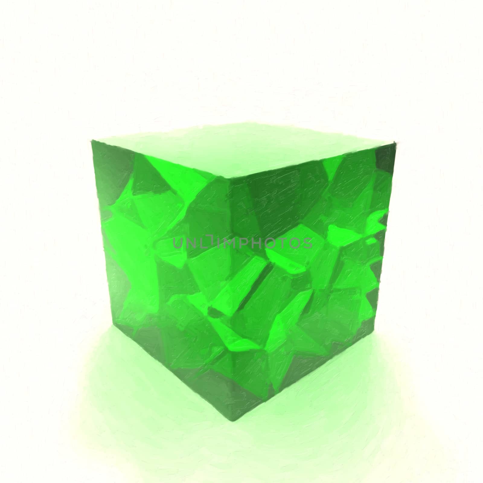 Green glass cube oil painted. 3d illustration.