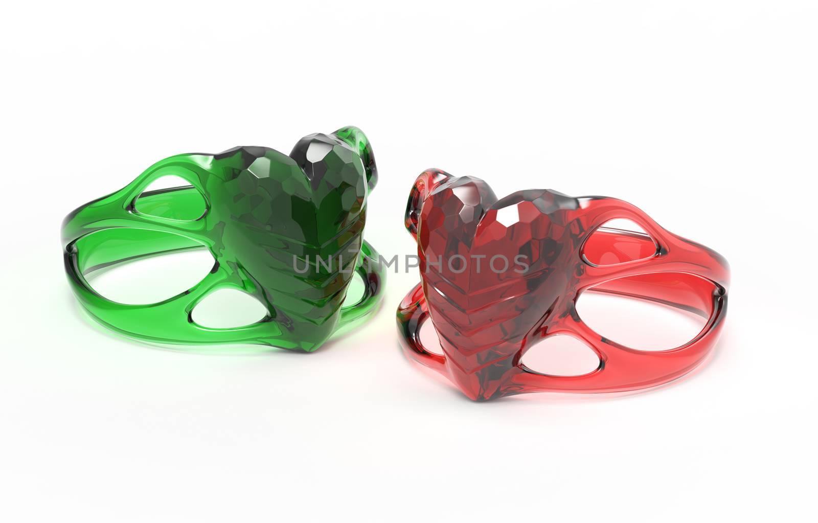 two transparent sculpted heart shaped wedding rings isolated on white. 3d illustration.