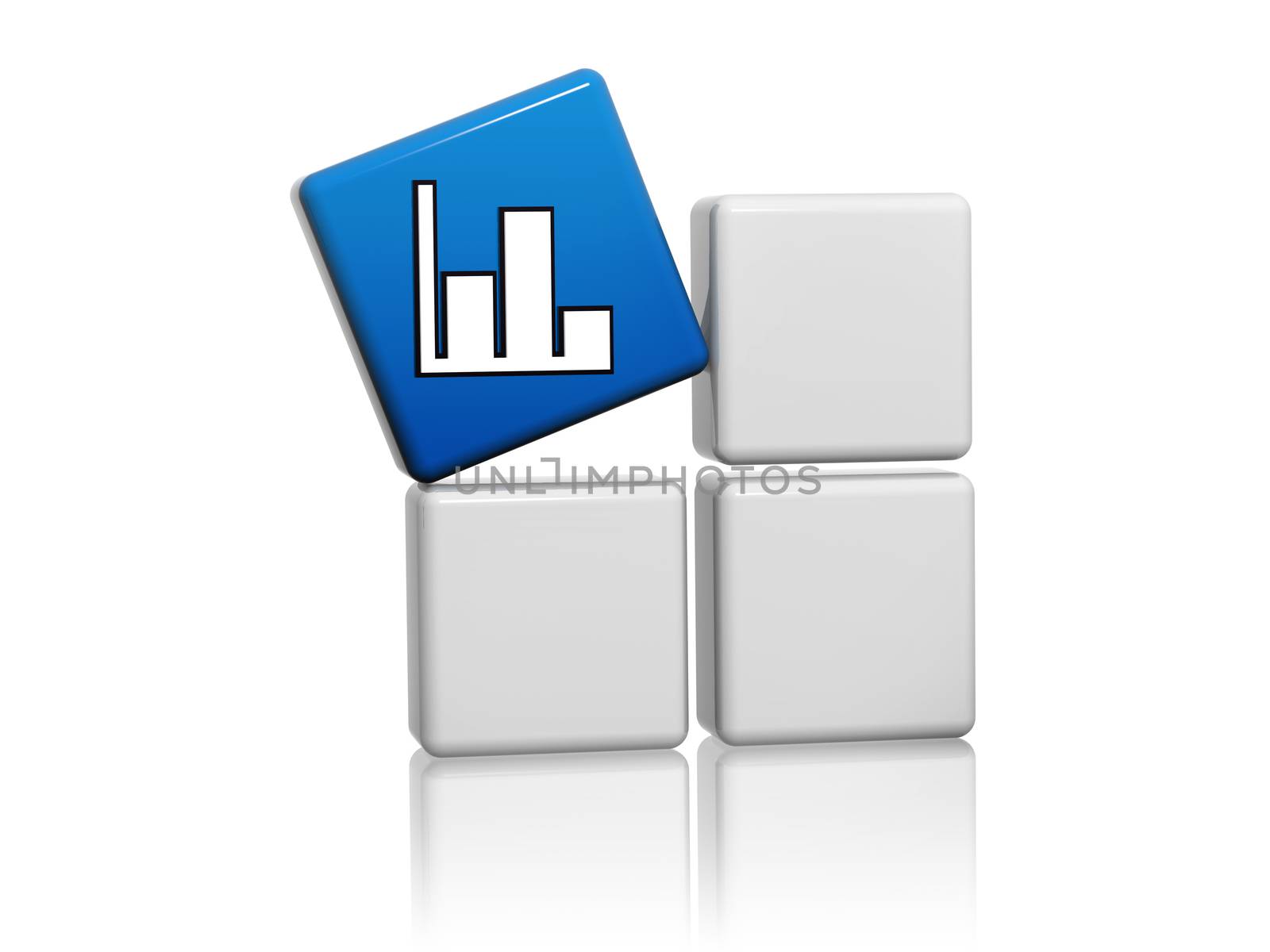 chart sign - 3d blue cube with white symbol on grey boxes, business development concept