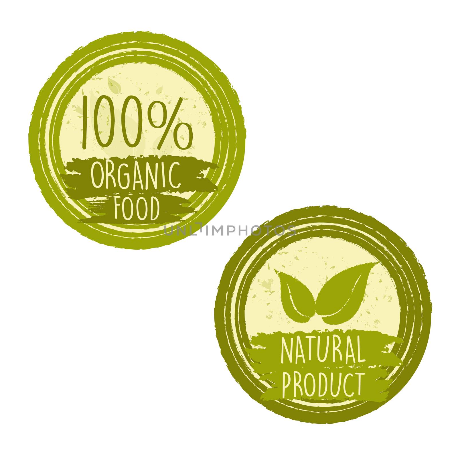 100 percent organic food and natural product with leaf signs in green circle labels, bio ecology concept