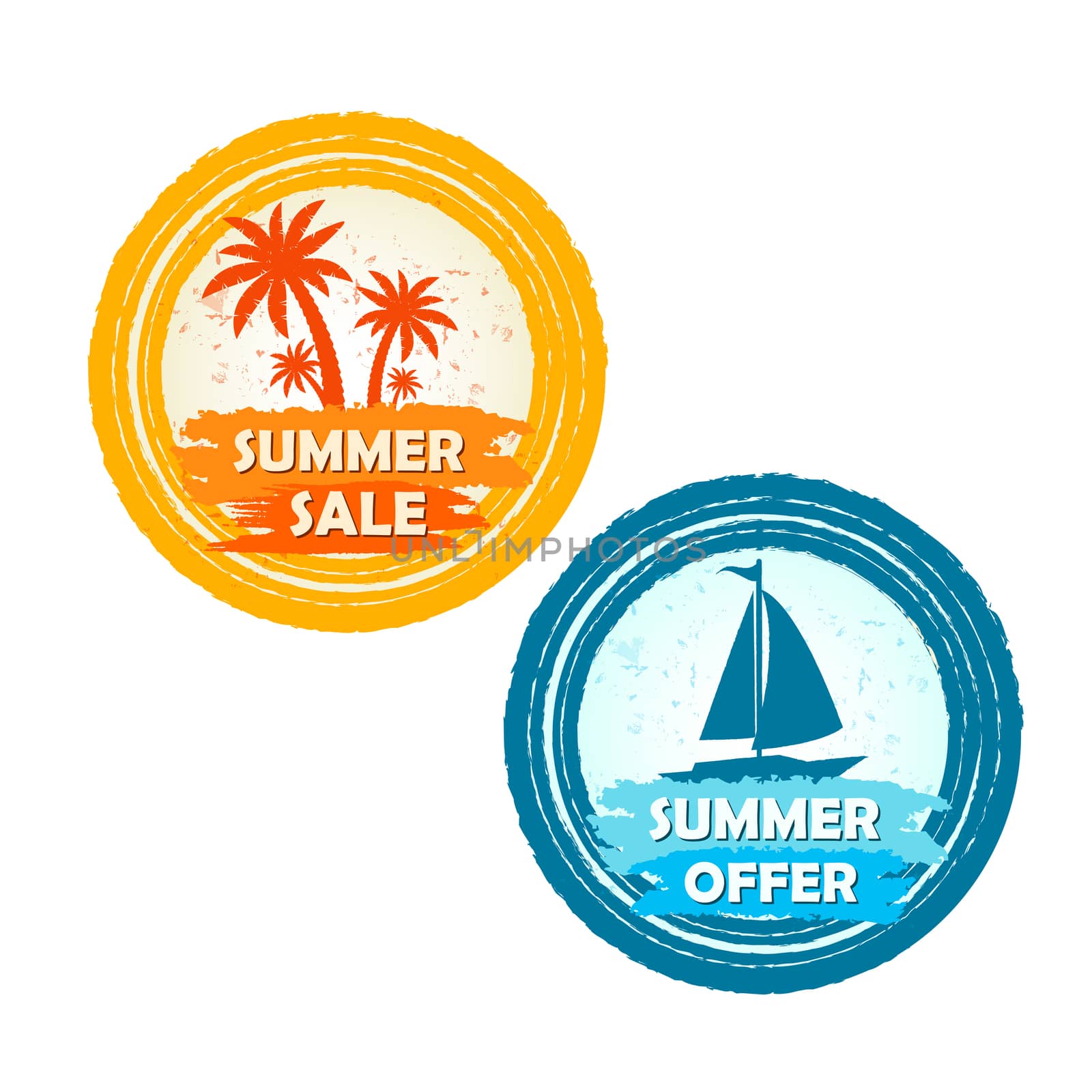 summer sale and offer banners with palms and boat signs - text in yellow orange and blue drawn circle labels with symbols, business seasonal shopping concept