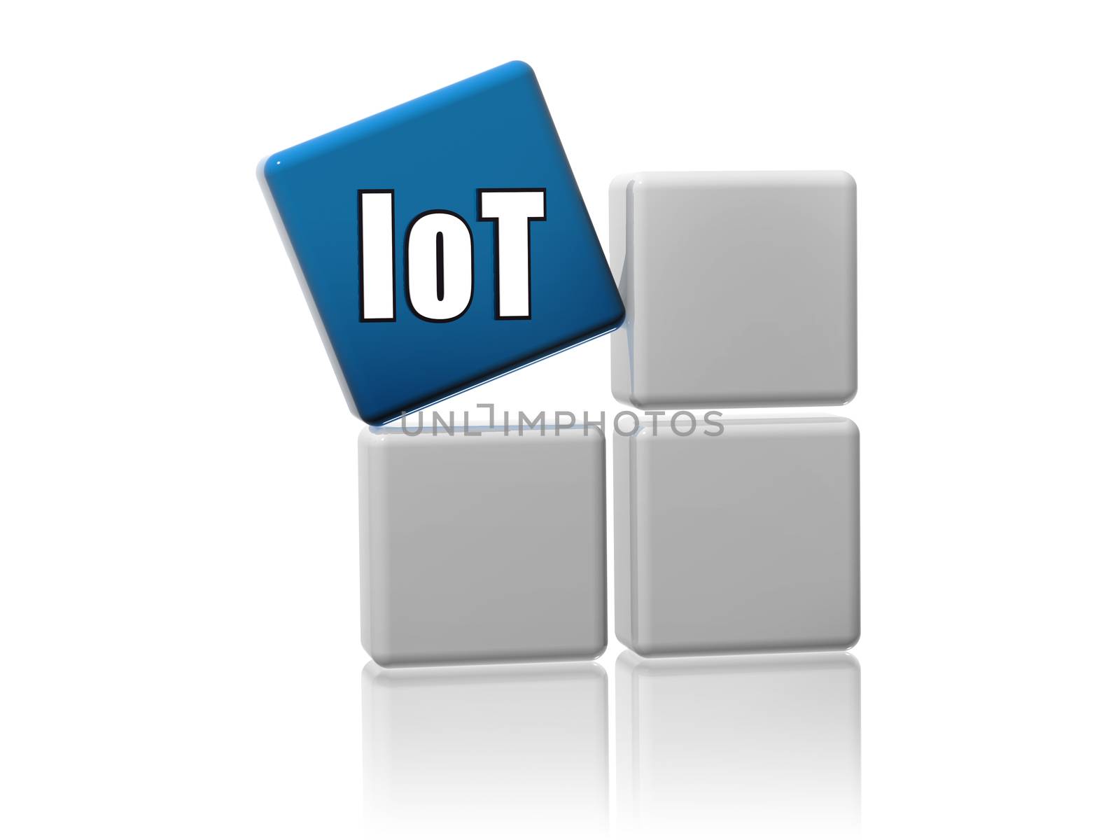 iot sign, internet of things - 3d blue cube with white letters on grey boxes, remote control in network, high technologies concept