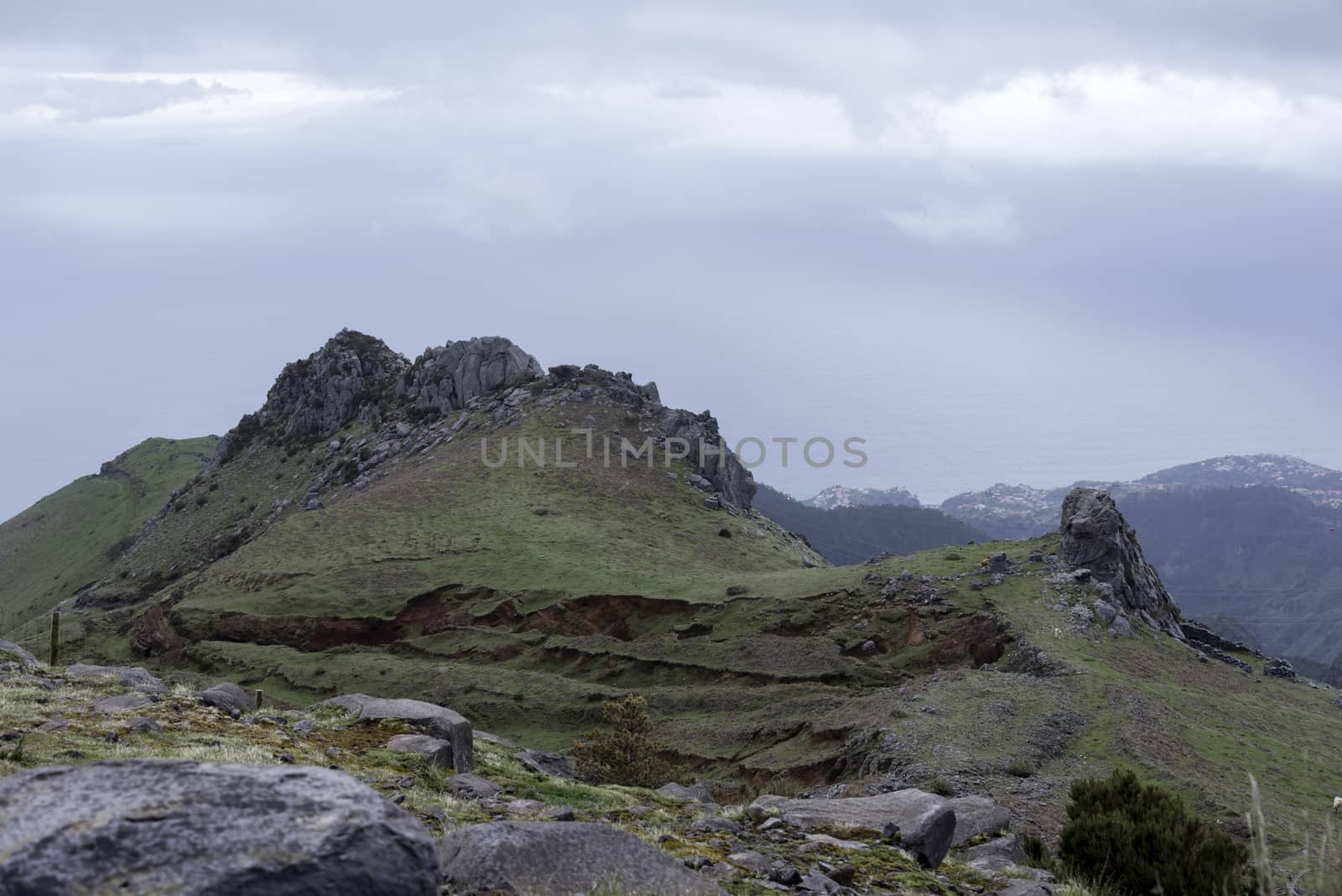 mountains on madeira island with rocks and blue sky