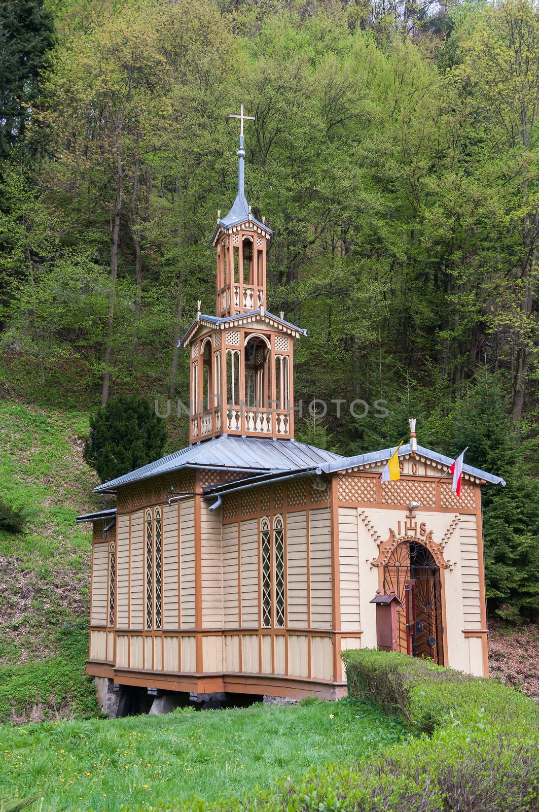 Old wooden Chapel of St. Joseph the Craftsman known as the Chapel on Water in Ojcow National Park in Poland