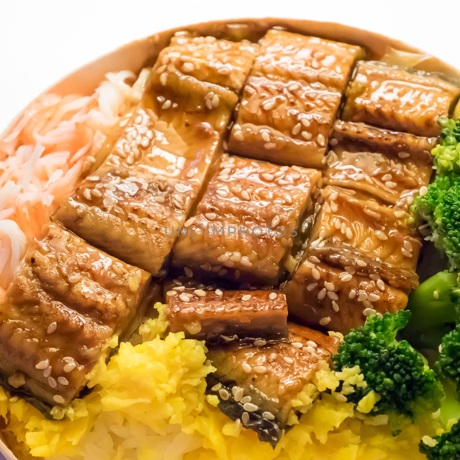 The close up of Japanese grilled eel and rice on bowl set.