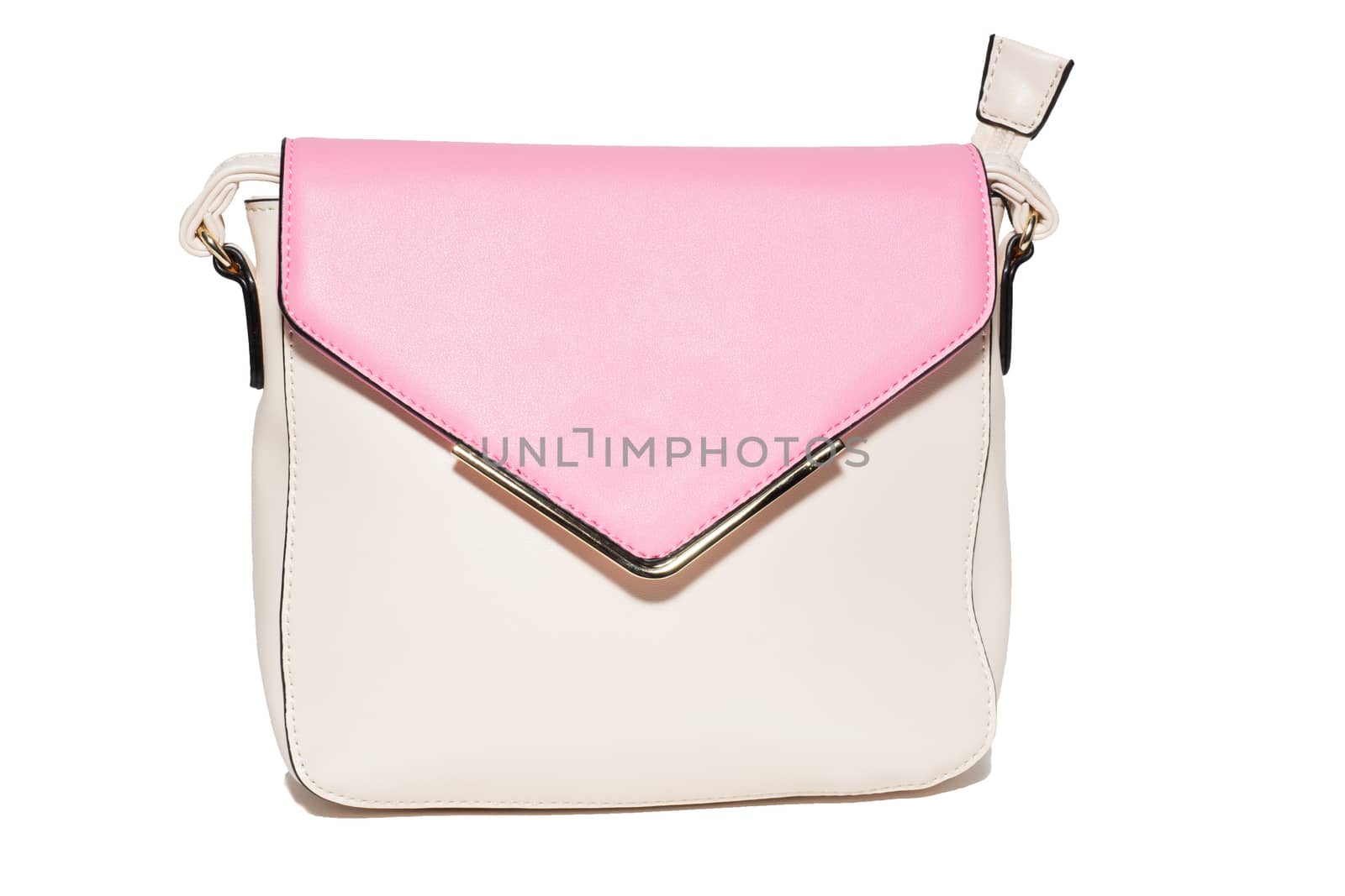 The photograph shows a female handbag on a white background