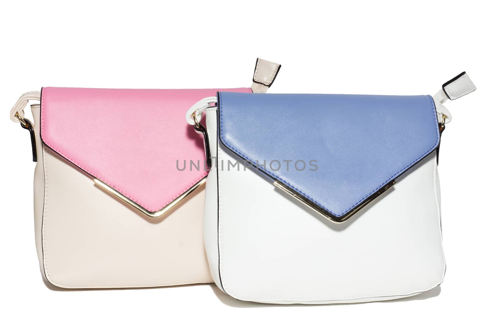 The photograph shows a female handbag on a white background