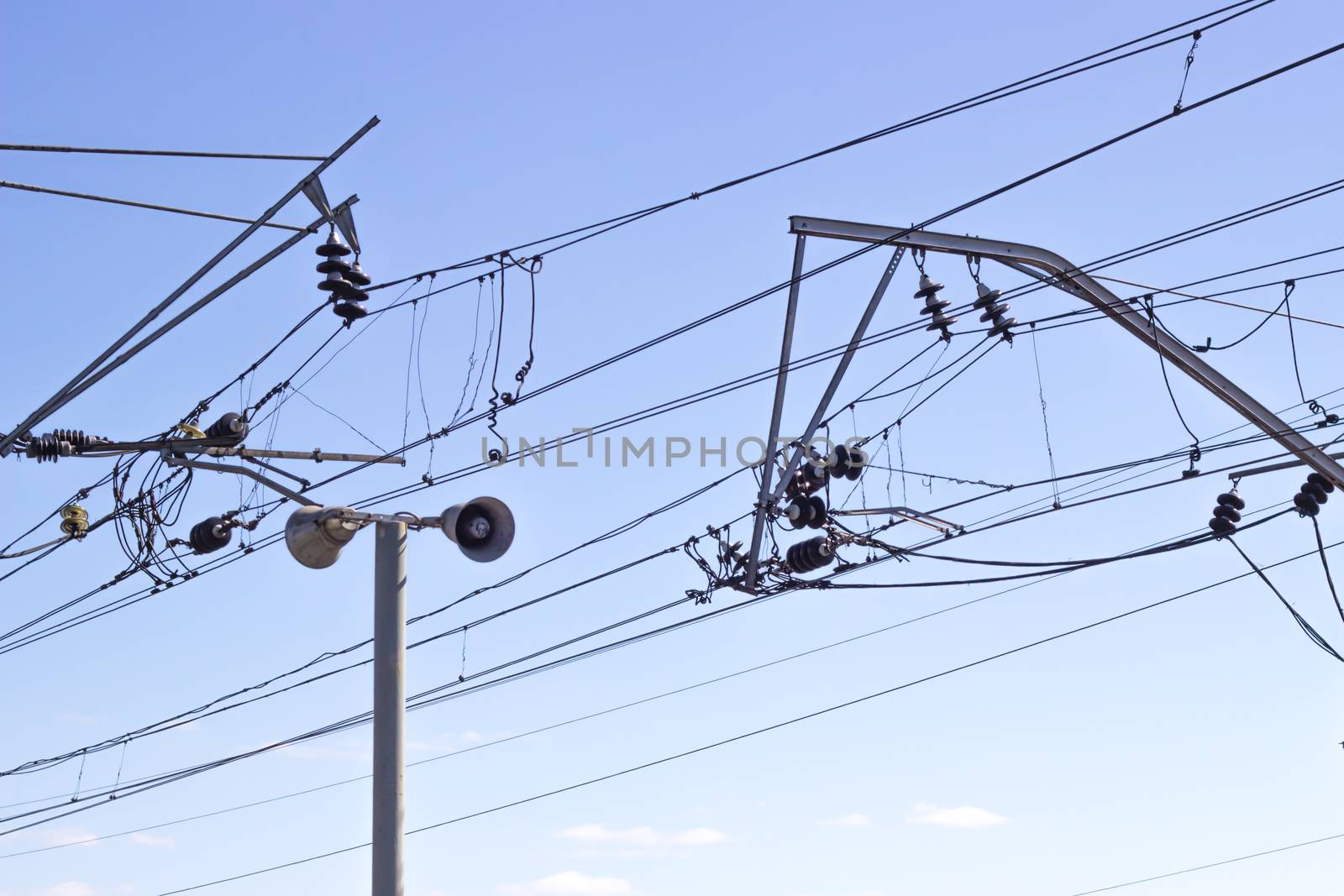 industrial, railway lines of communications and power transmission on sky background