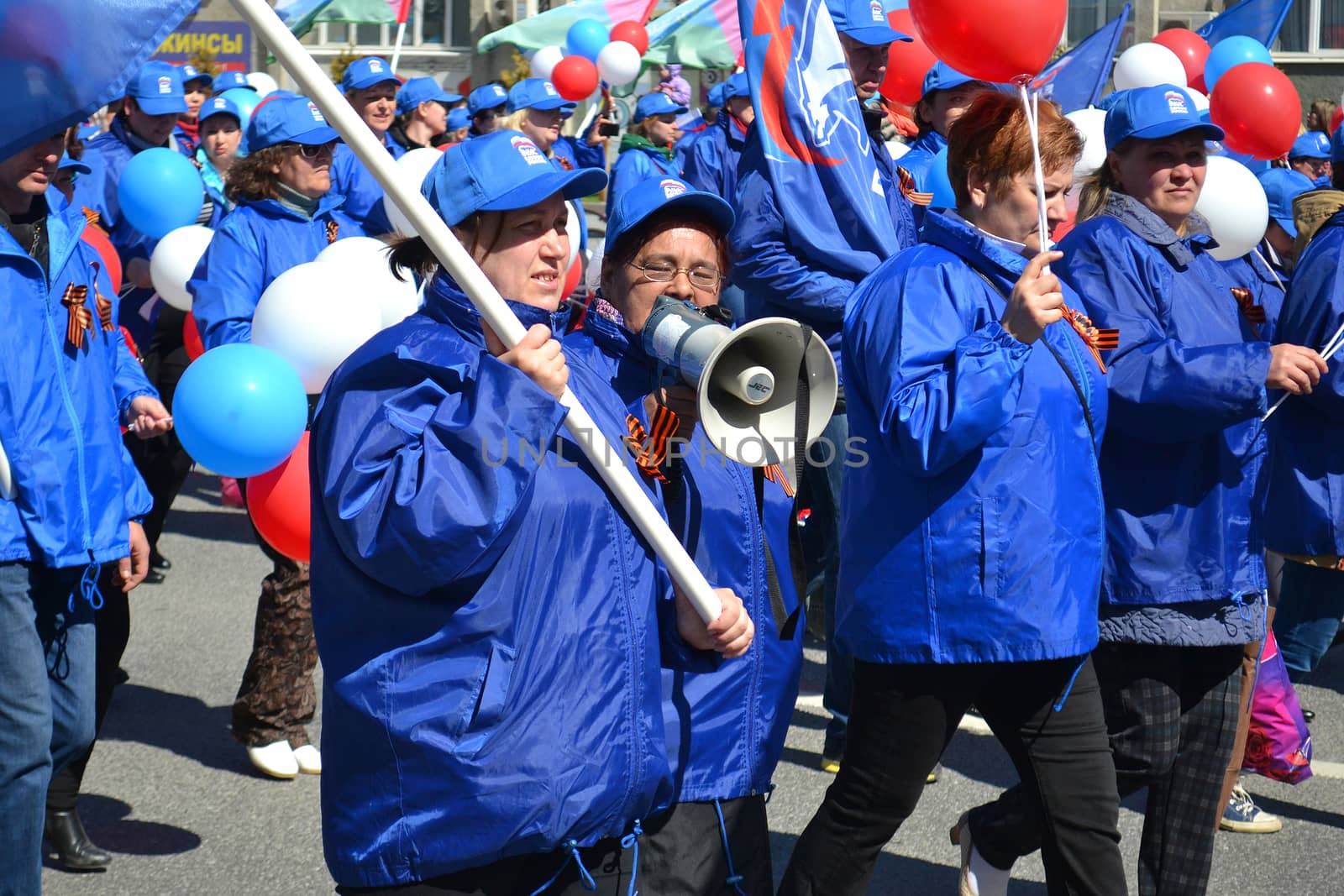 Parade on the Victory Day on May 9, 2016. Representatives of United Russia Party. Tyumen, Russia