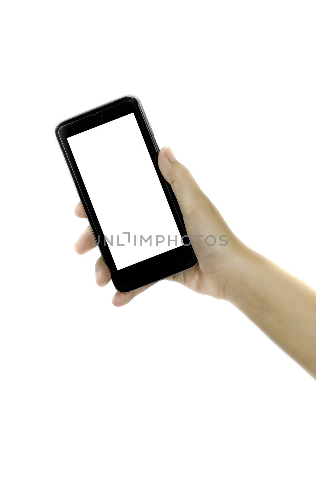 Woman hand holding blank white screen smart phone on white background
