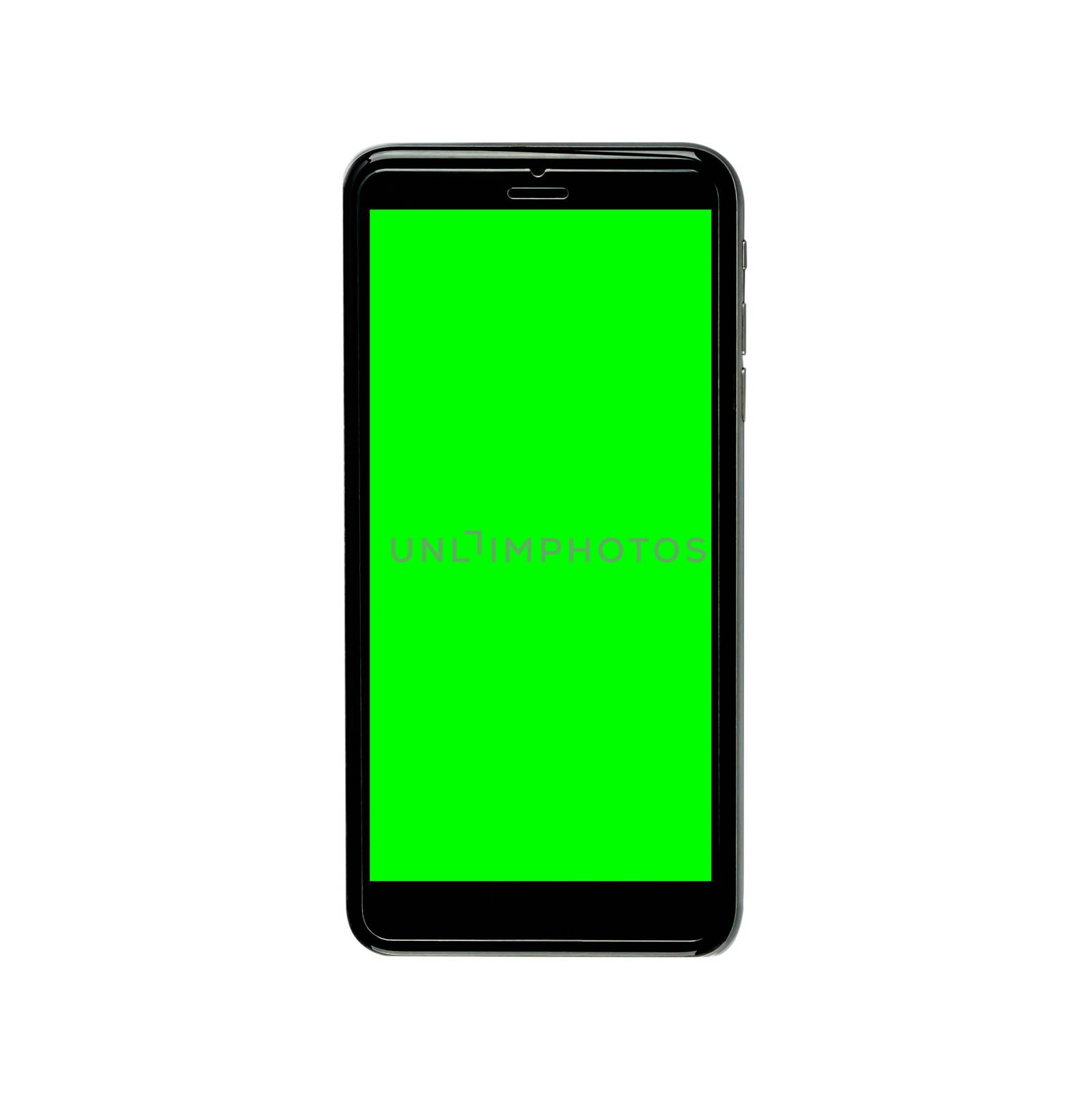 Realistic black mobile phone with green blank screen