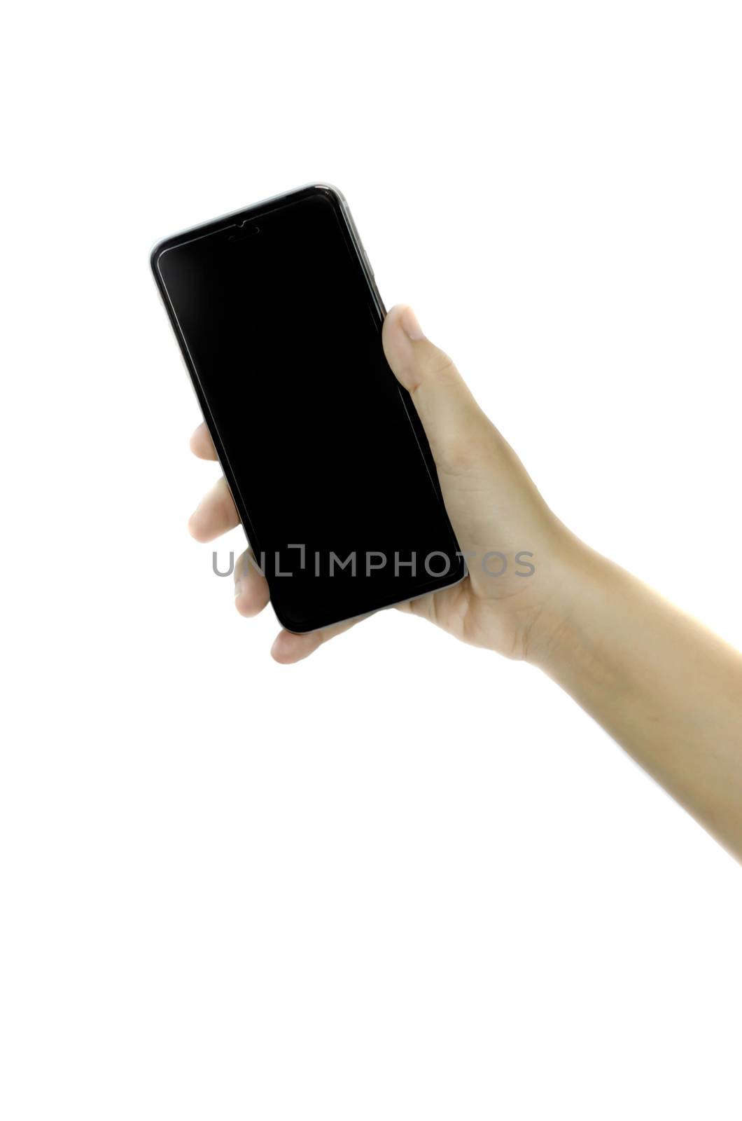 Woman hand holding blank screen smart phone on white background