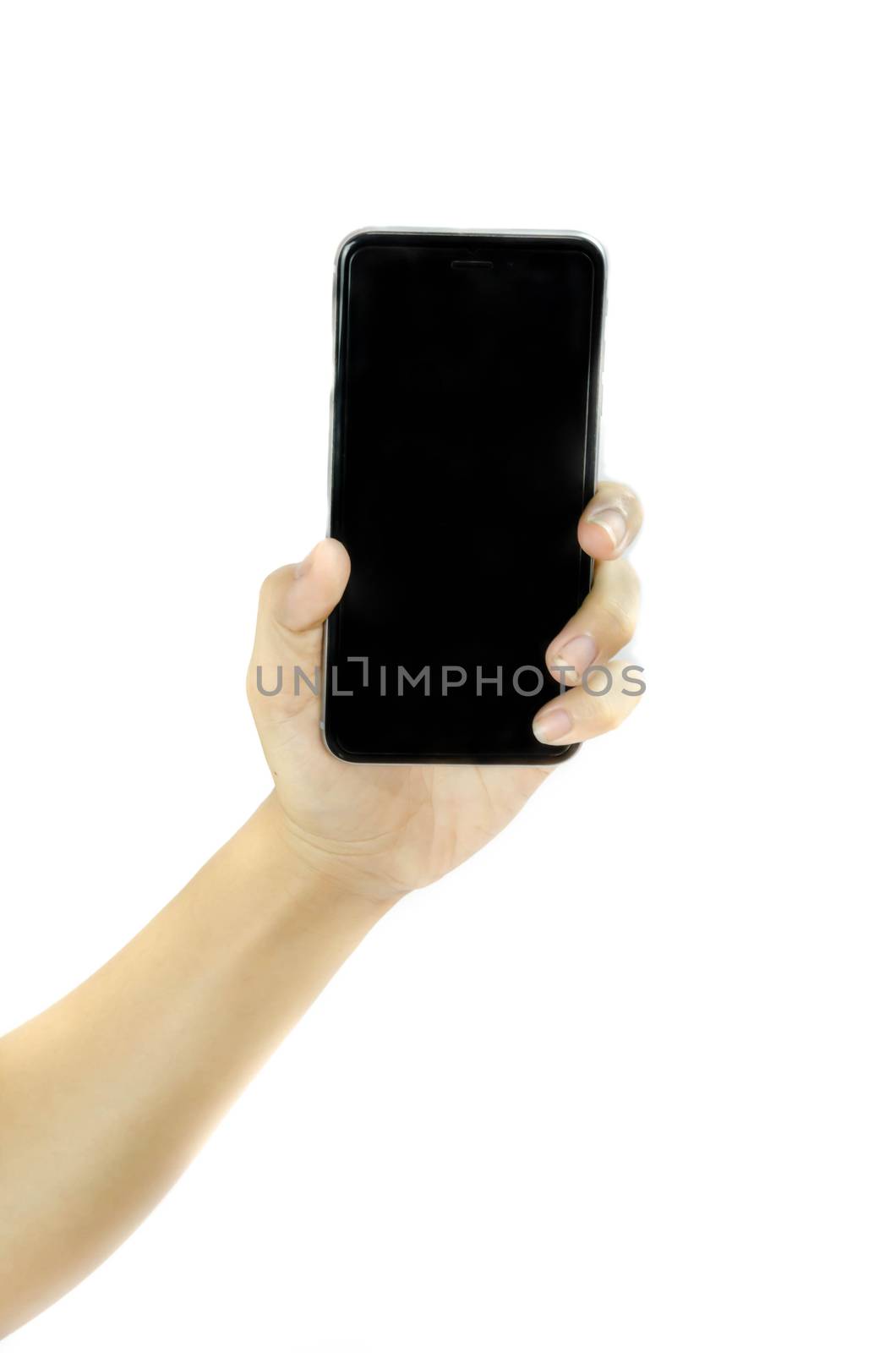 Woman hand holding blank screen smart phone on white background