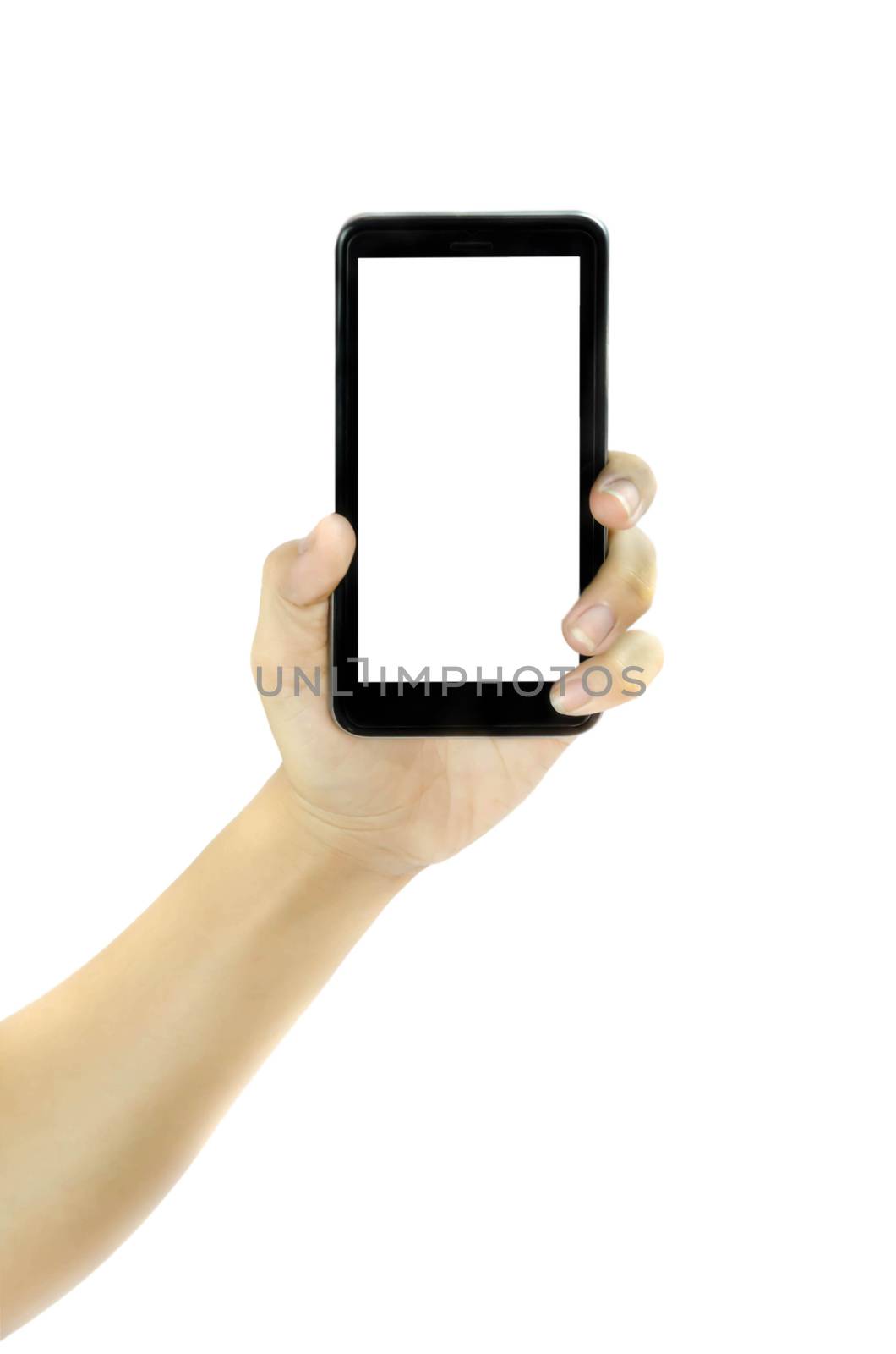 Woman hand holding blank white screen smart phone on white background