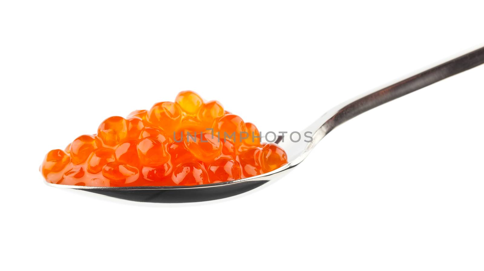 Red caviar in the spoon isolated on a white background.