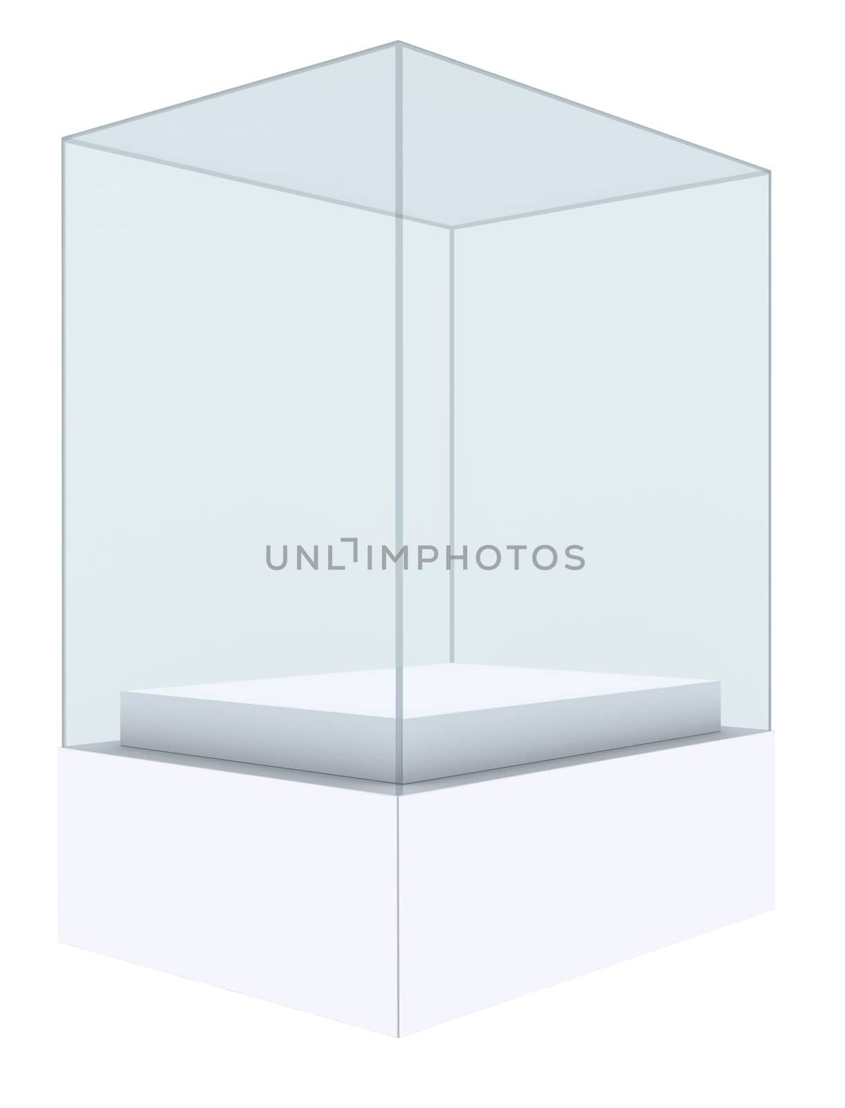 Glass cube on pedestal. 3d illustration on white background