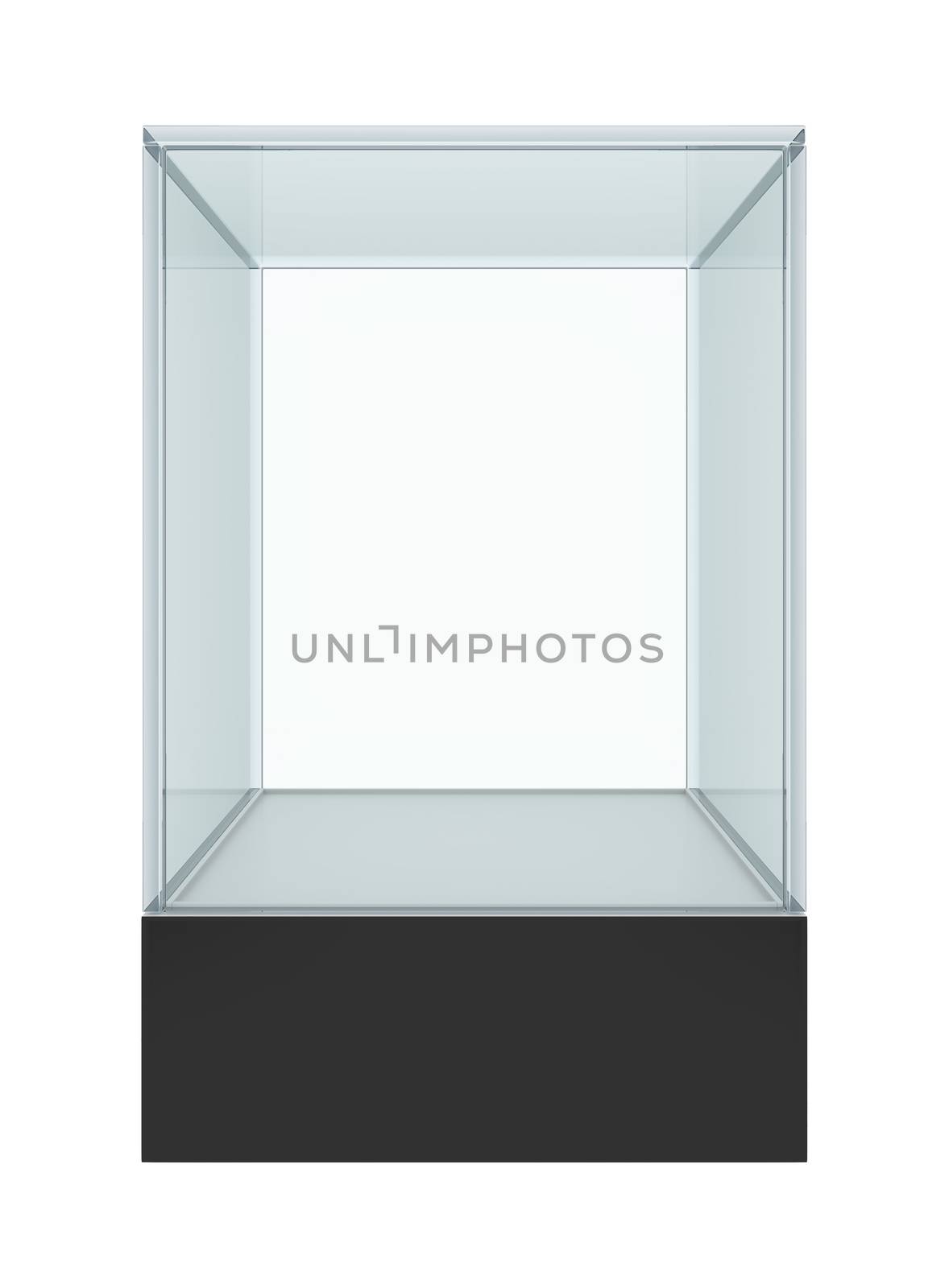 Empty glass showcase for exhibit. 3D rendering