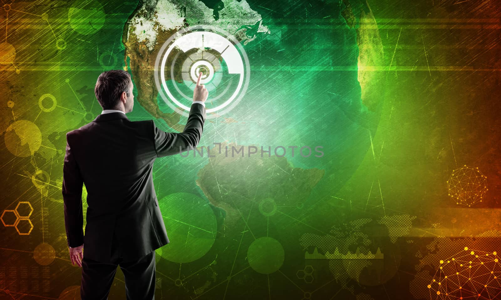 Businessman in suit touching digital background with earh globe. Elements of this image furnished by NASA