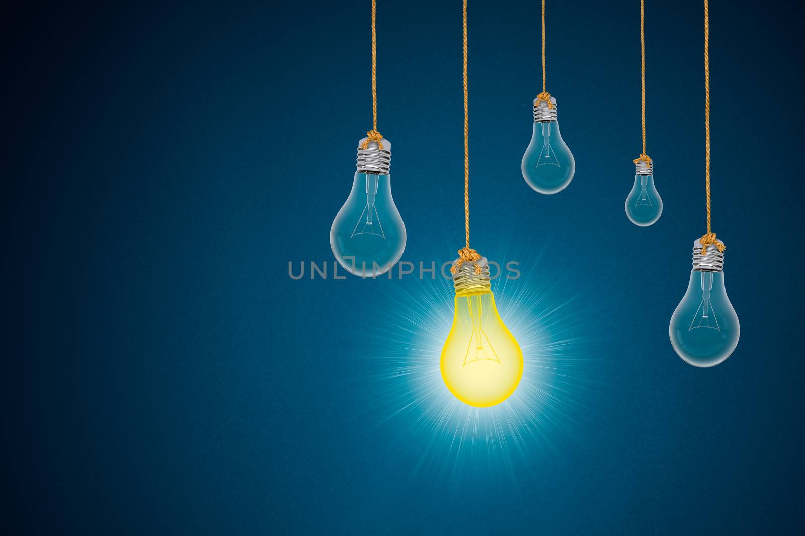 Idea concept with light bulbs on blue background, 3d rendering