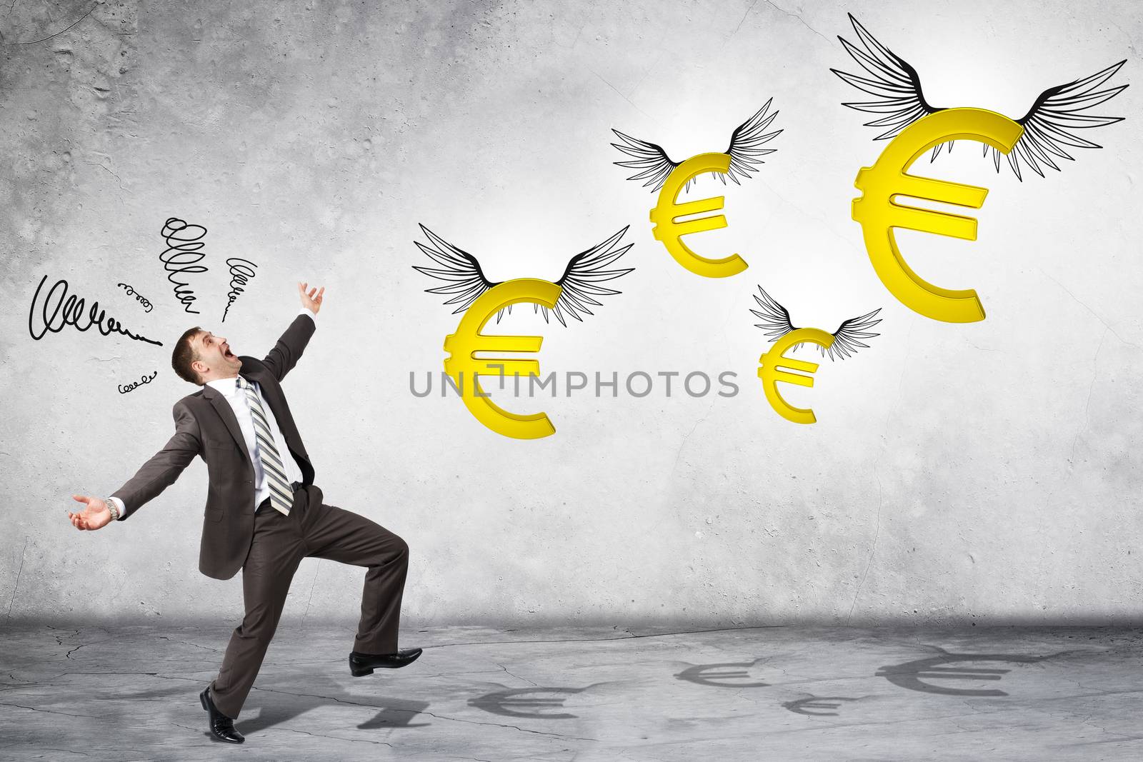 Surprised businessman looking at flying euro signs by cherezoff