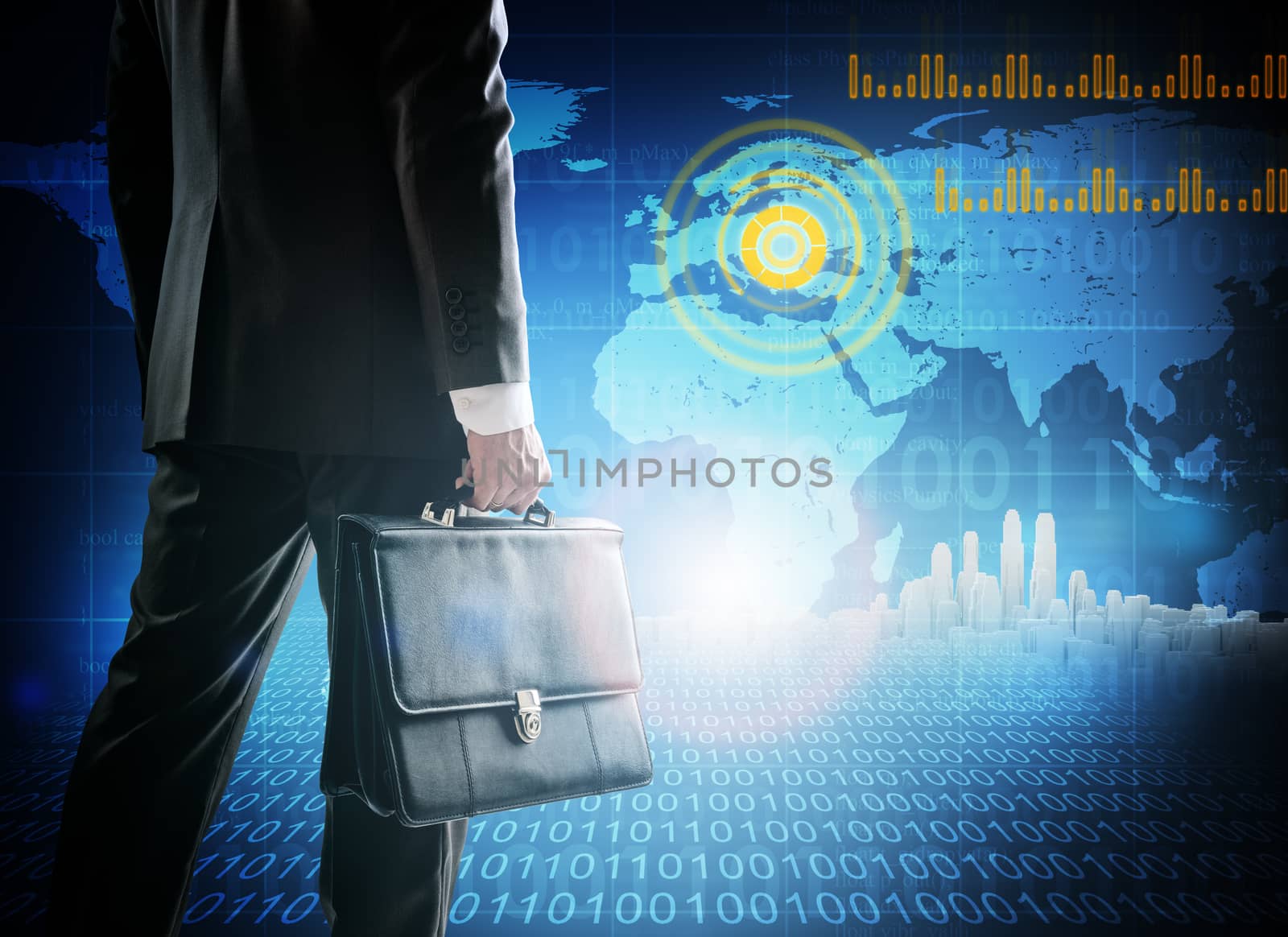Close up of businessman with suitcase against digital planet