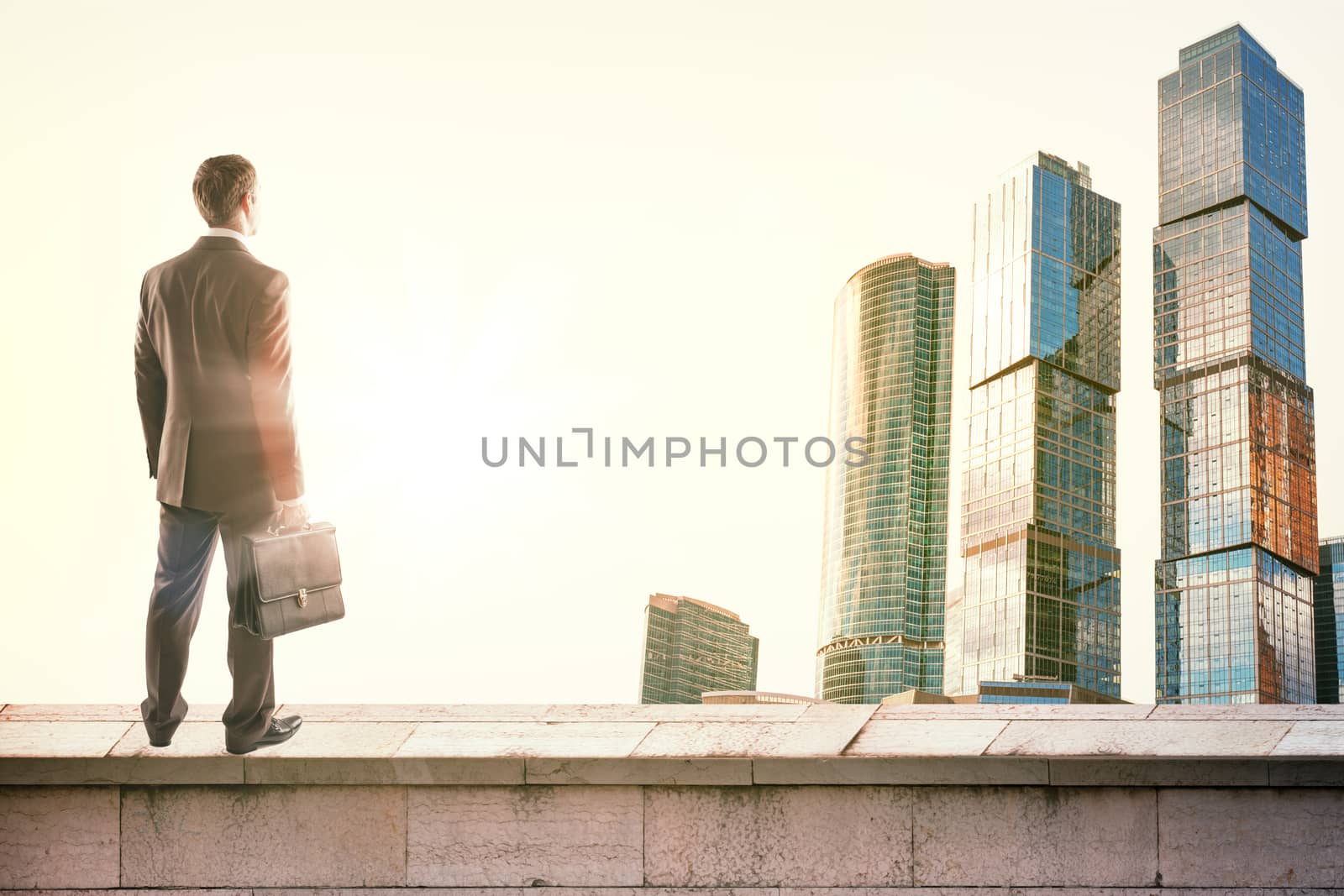 Businessman standing on roof  by cherezoff