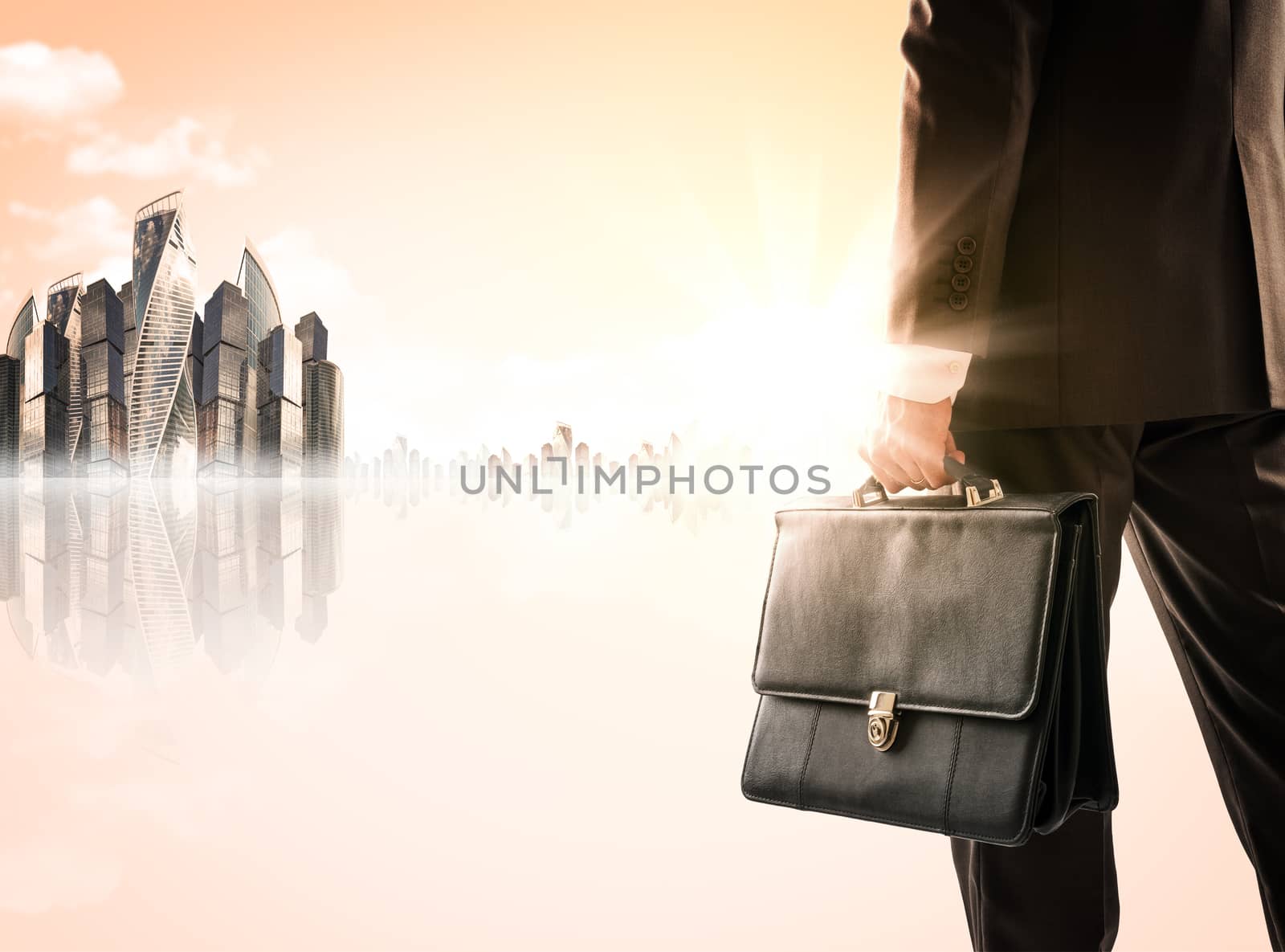 Businessman with suitcase against modern city, rear view