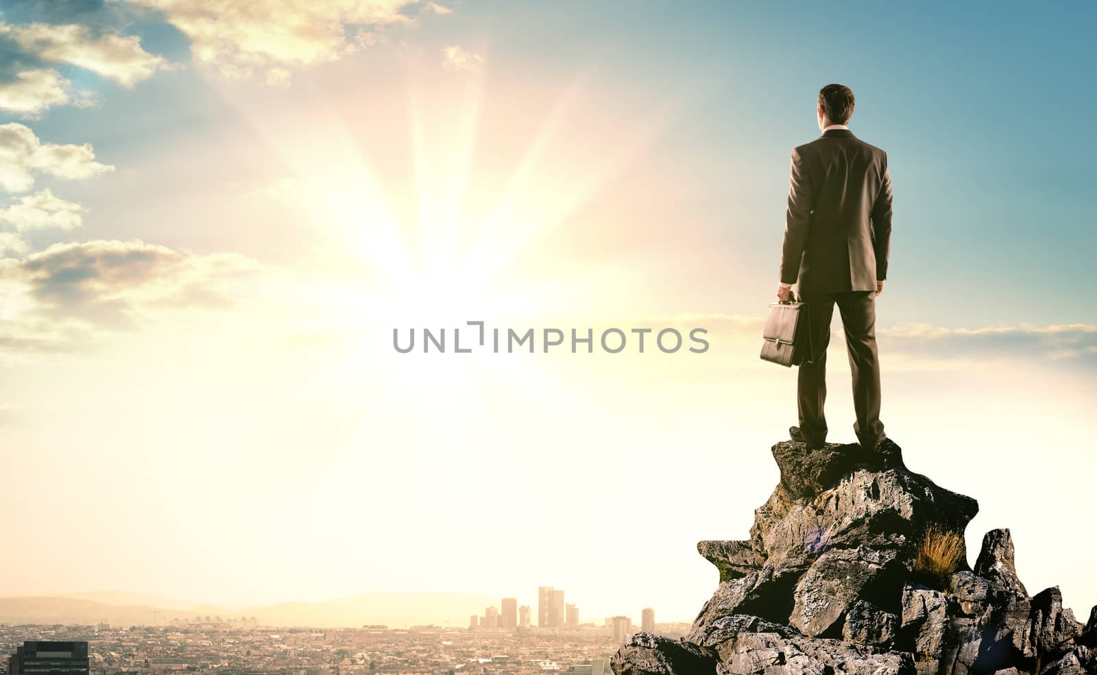 Businessman standing on edge of rock mountain  by cherezoff