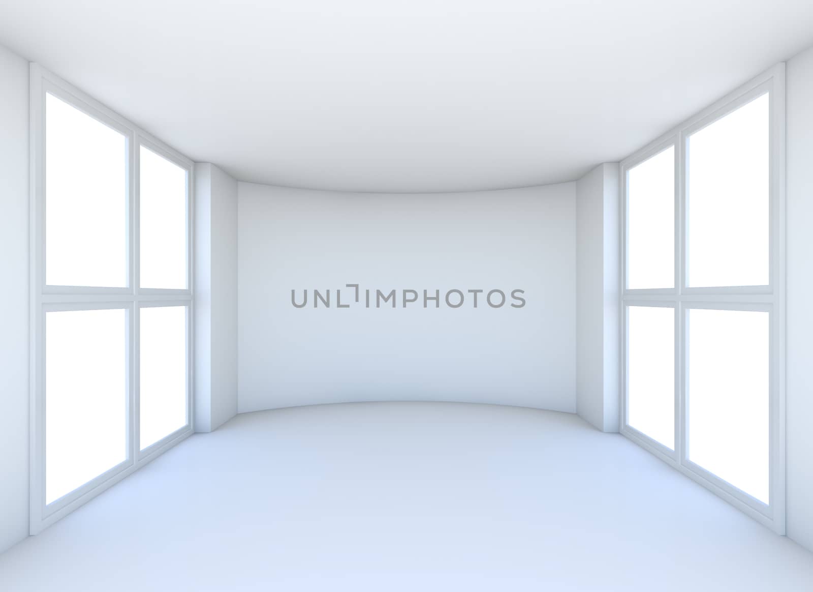 Empty white interior with glossed floor and big windows. 3D rendering