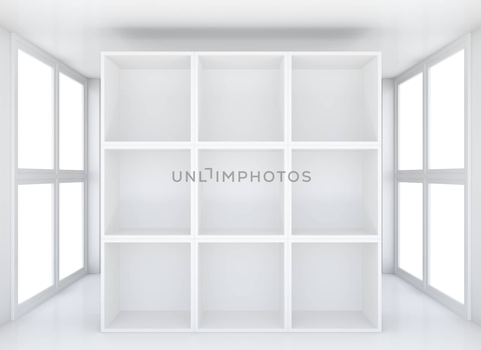 Stand for exhibit in white interior with windows and skylight. 3D rendering