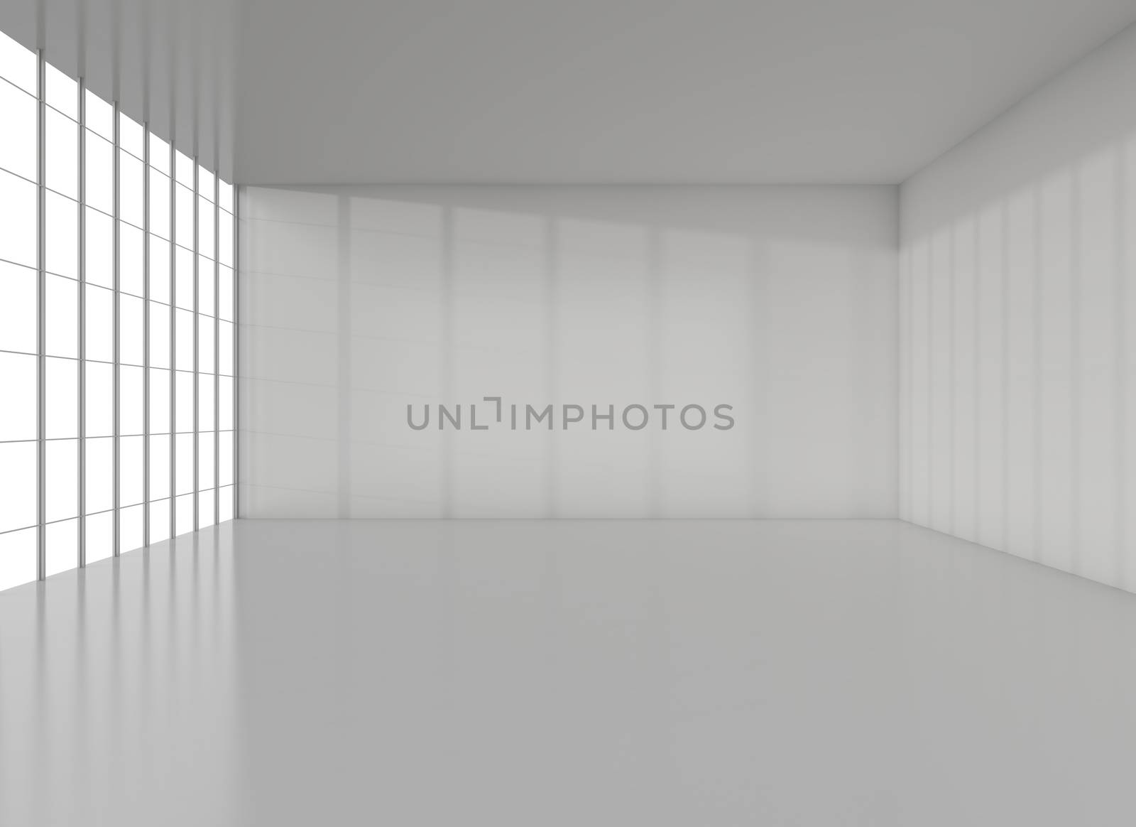 White exhibition room. Reflection floor and big window. 3D rendering