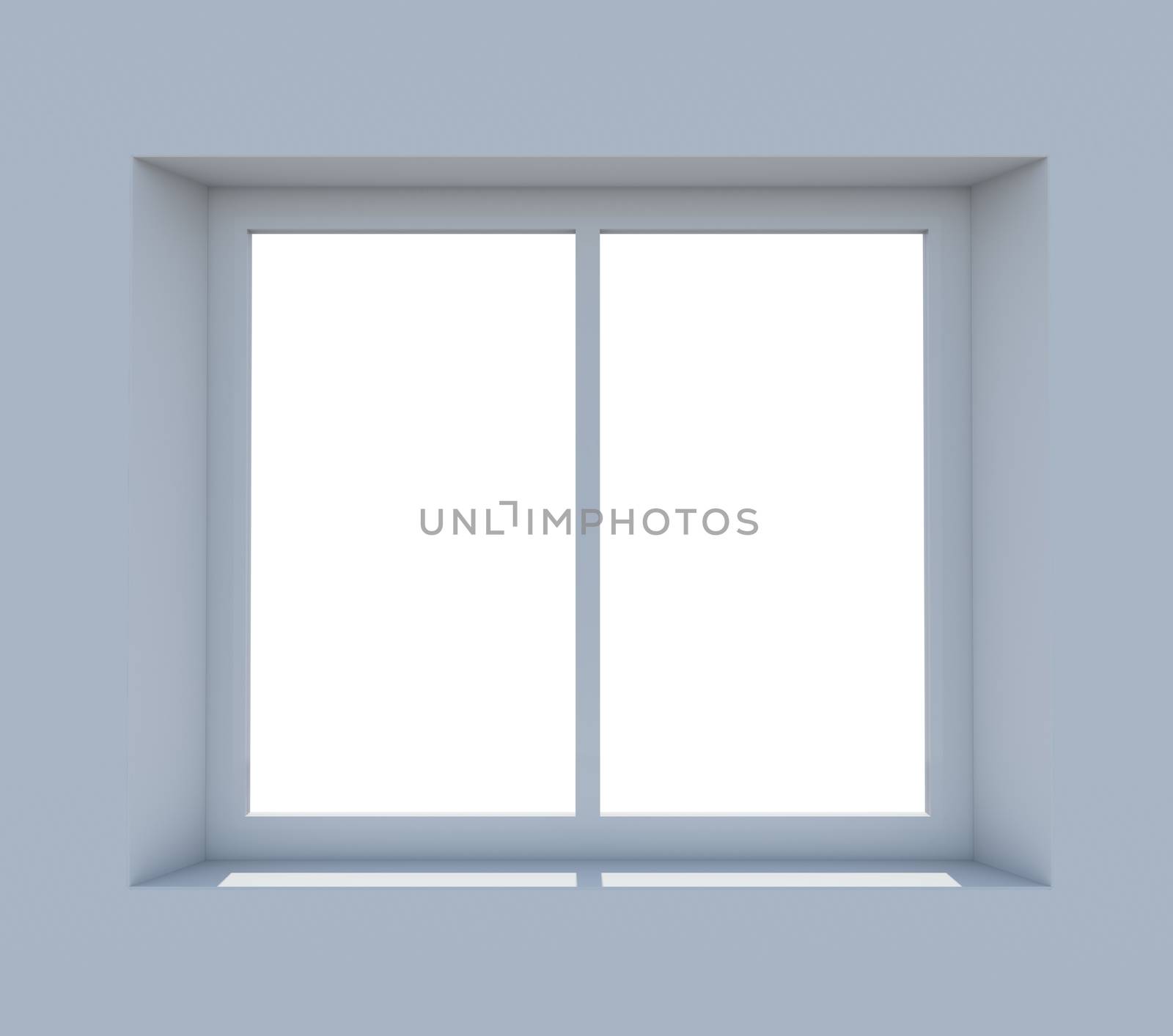 Closed window frame on light blue background. 3D illustration