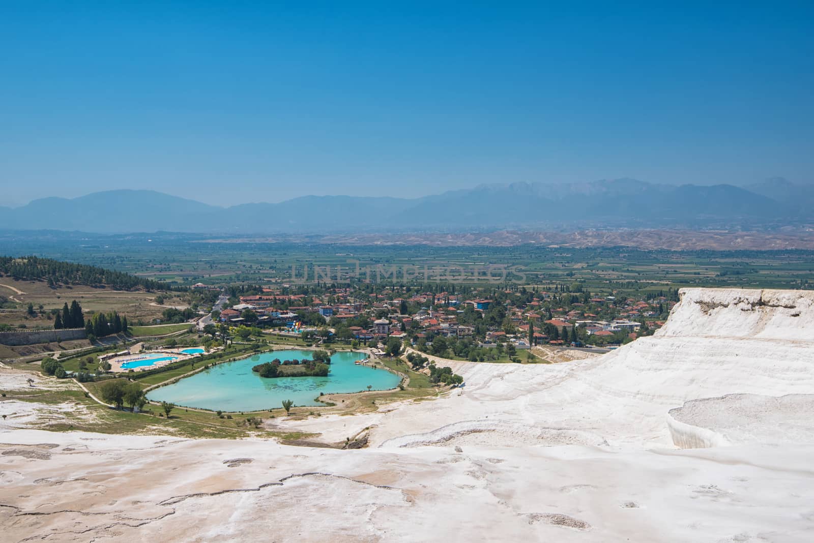 Pammukale, Turkey - July, 2015: panoramic view of Pammukale near modern turkey city Denizli