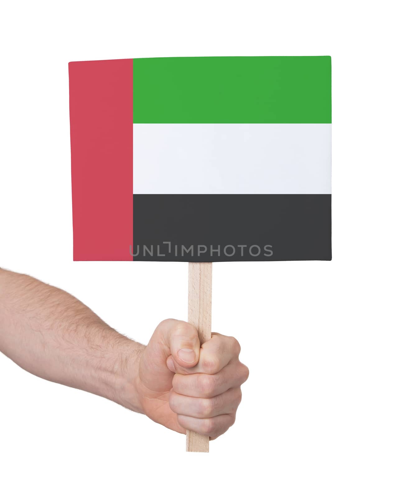 Hand holding small card, isolated on white - Flag of Sudan