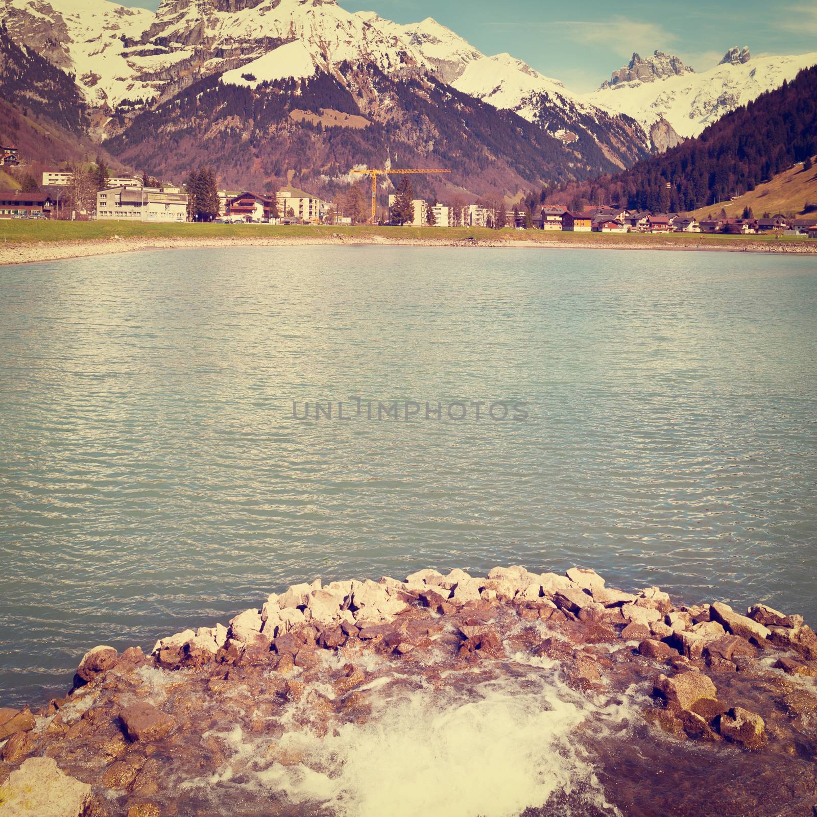 Pond on the Background of Snow-capped Alps in Switzerland, Instagram Effect