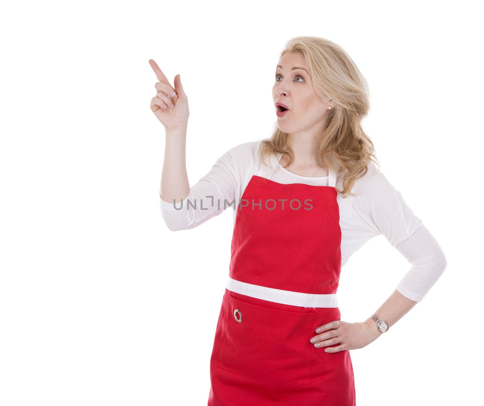 blond woman wearing red apron on white isolated background