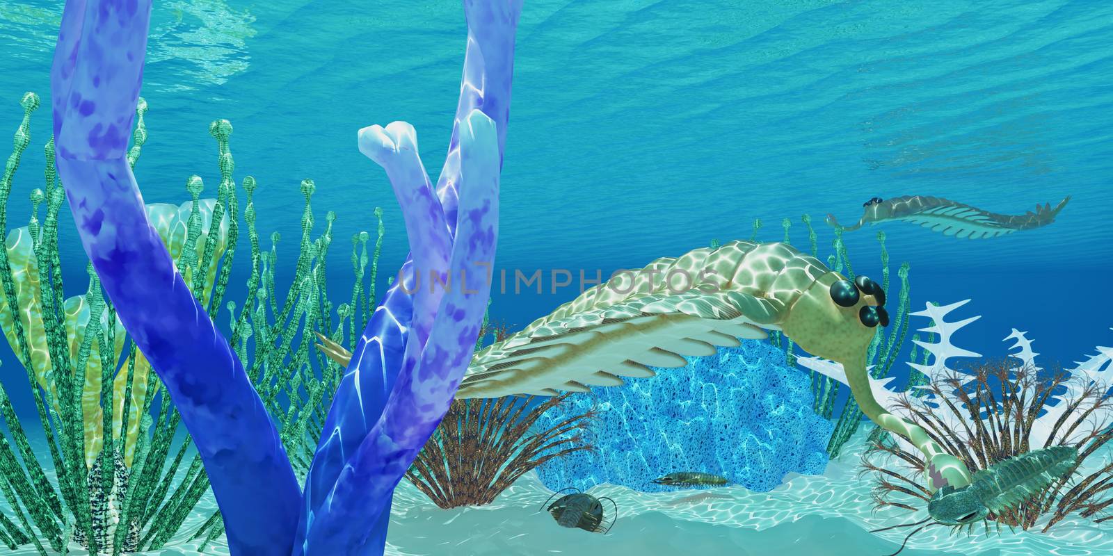 The predator Opabinia uses its proboscis to eat a trilobite in a Cambrian ocean.