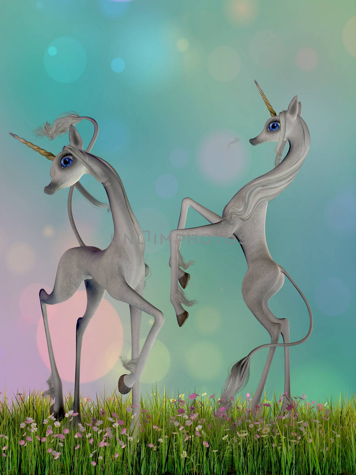 Two cartoon unicorn creatures dance in a meadow full of flowers in a fantasy scene.