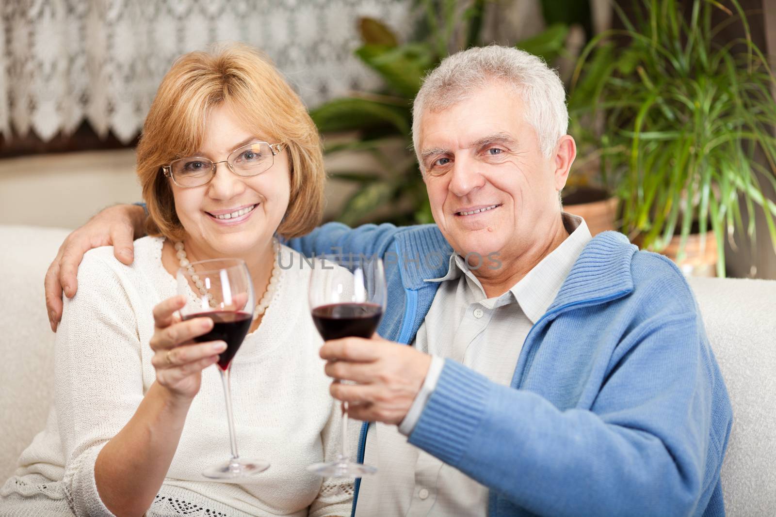 Happy senior couple toasting their anniversary with red wine at home ambient