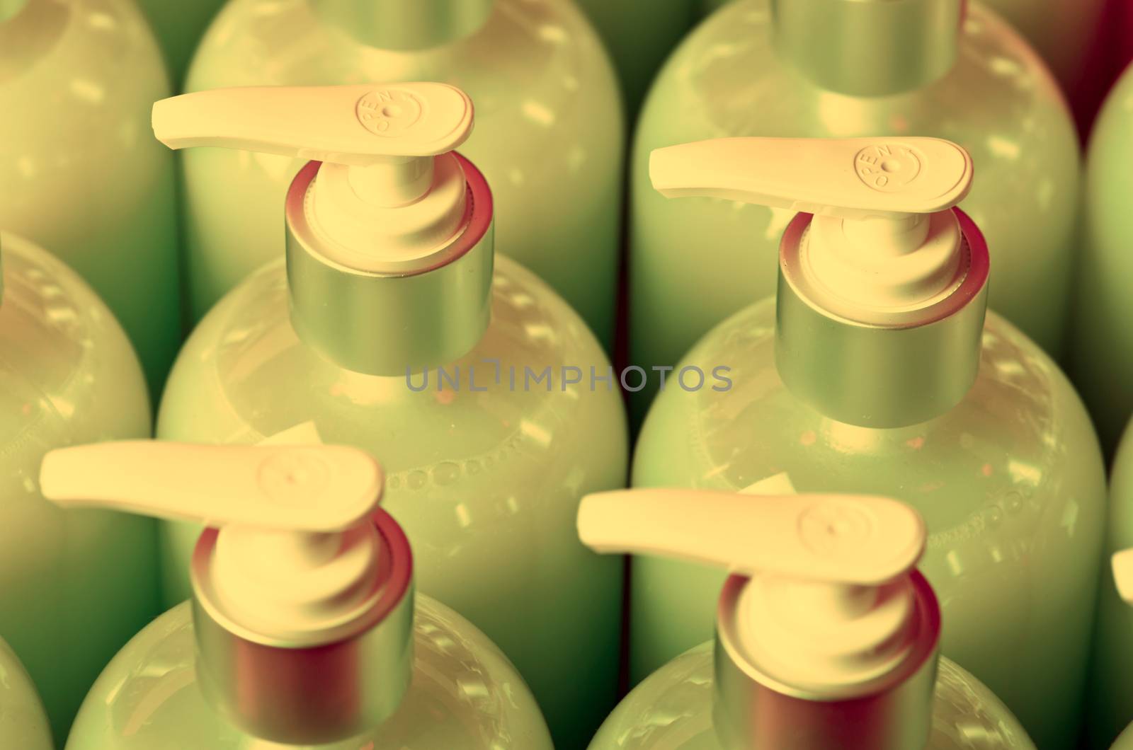 Composition with plastic bottles of body care and beauty products
