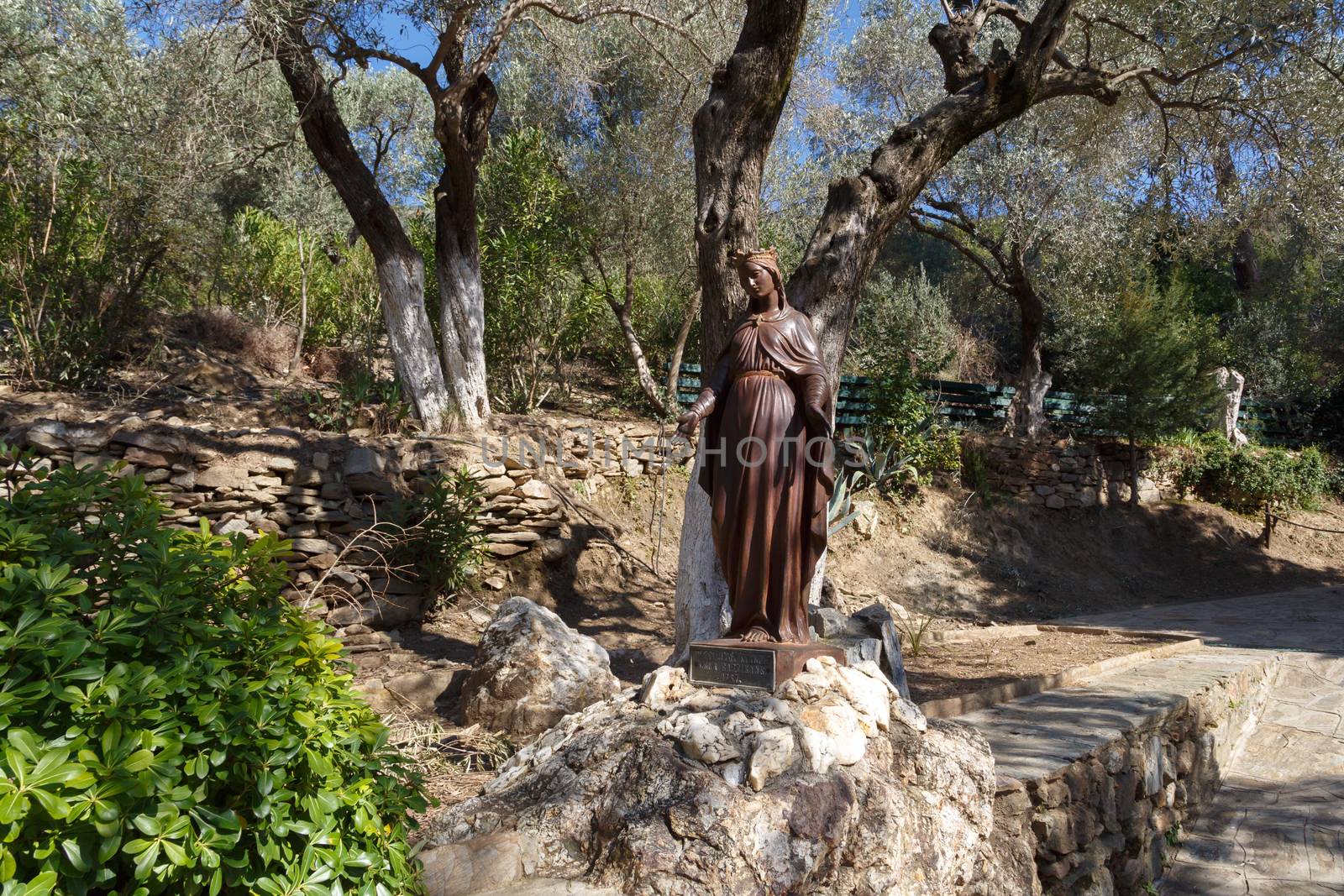 Front view of brown iron Virgin Mary Sculpture in Ephesus, Selcuk, Izmir, Turkey.
