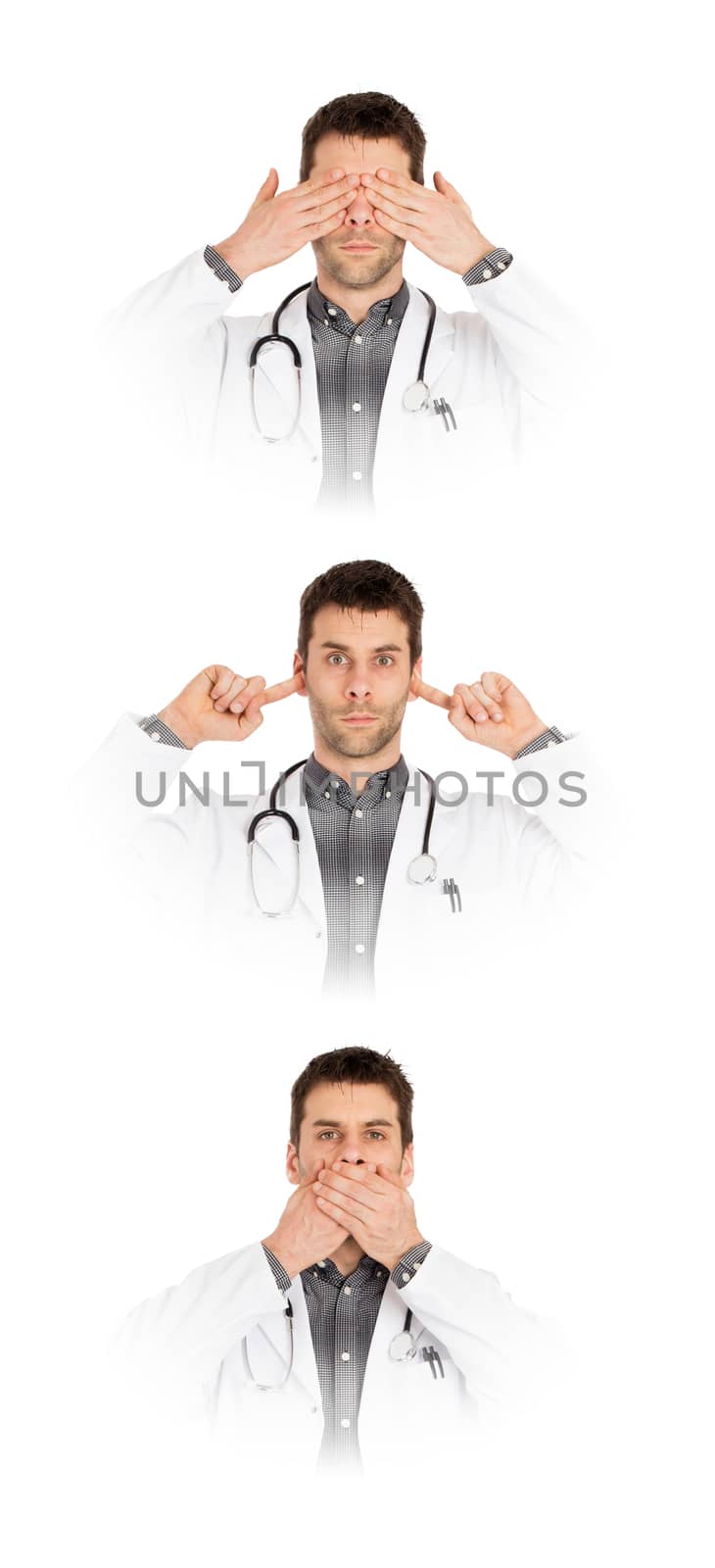 Doctor isolated on white - Sees, hears and speaks no evil  by michaklootwijk