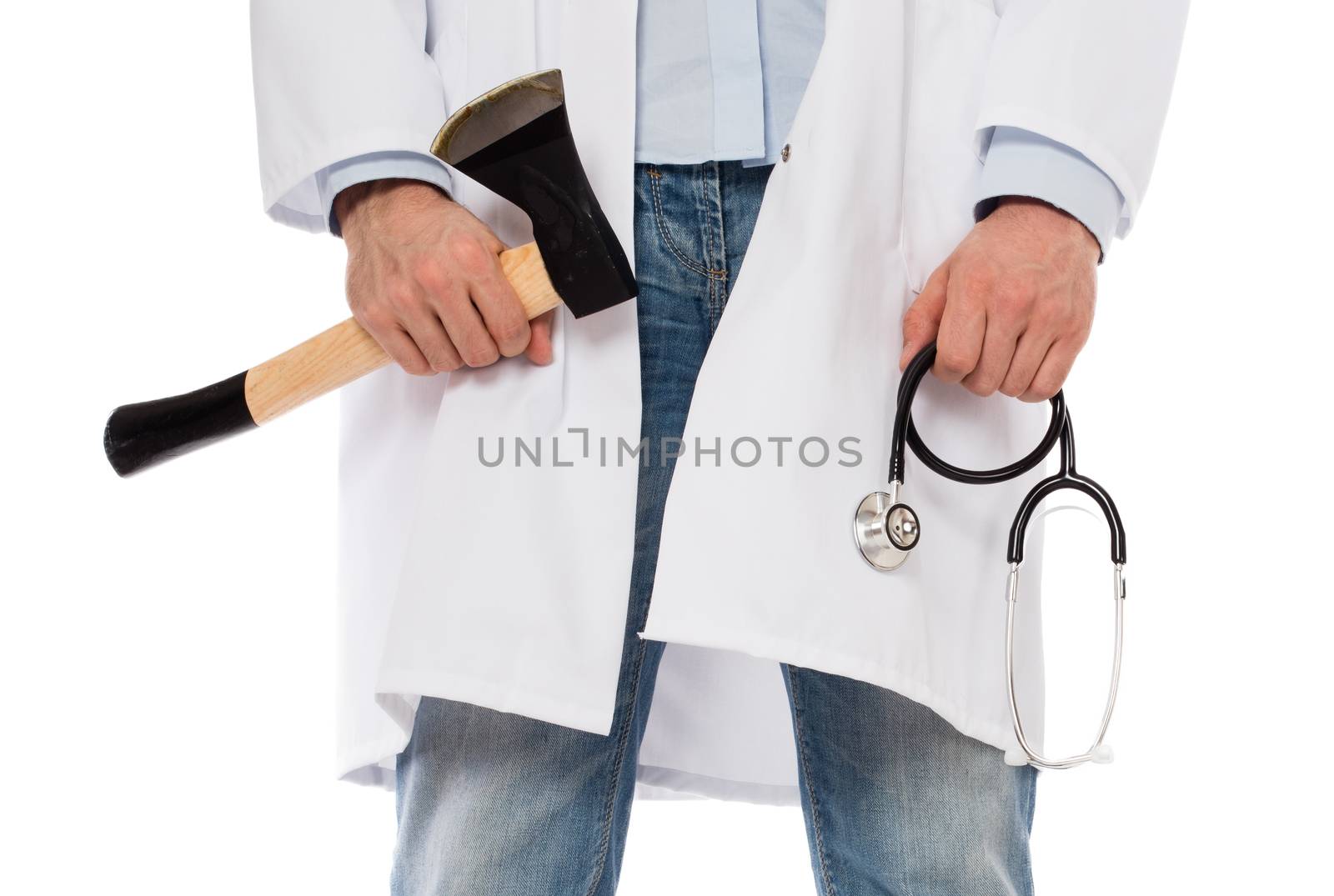 Evil medic holding a small axe and stethoscope, isolated on white