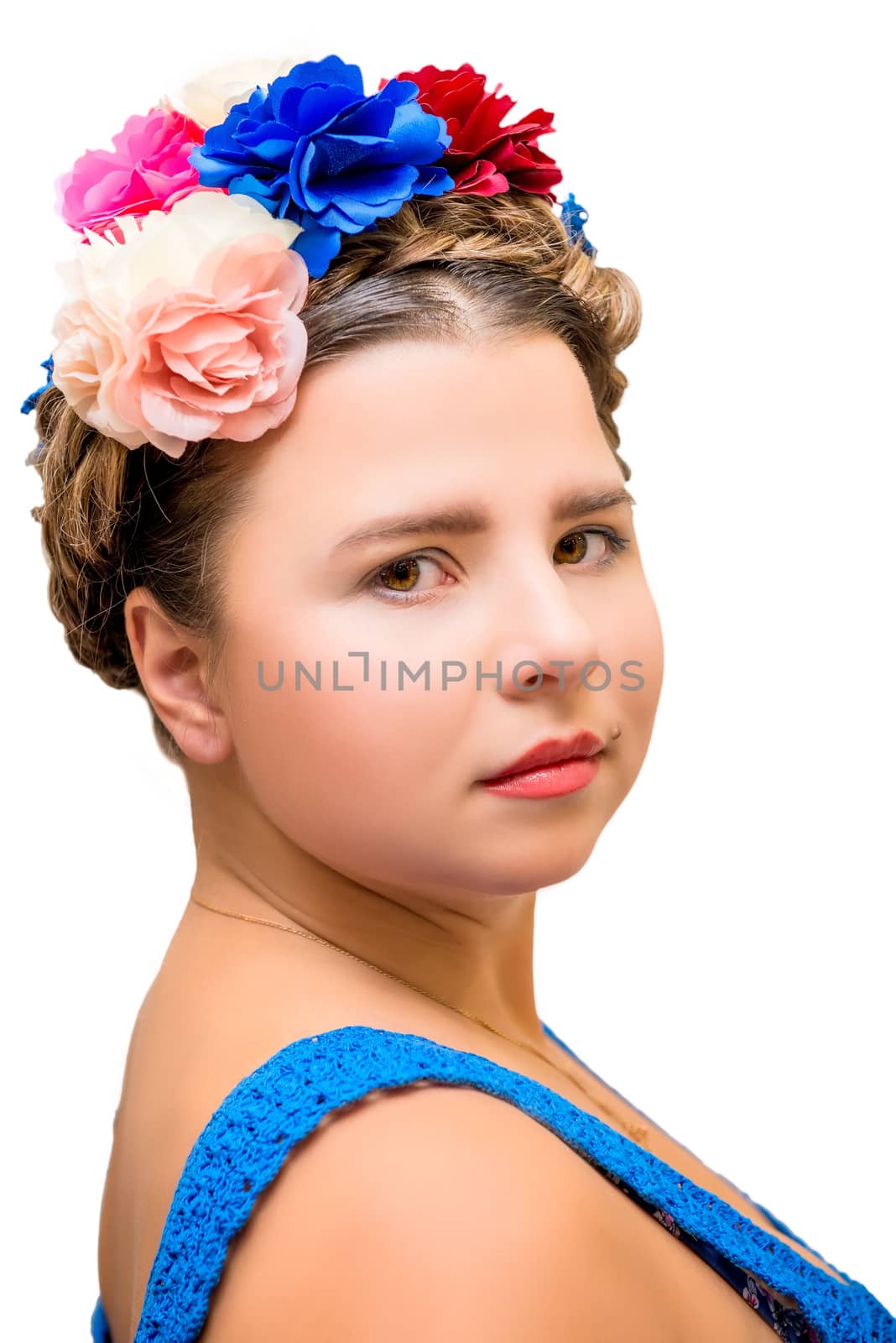 beautiful girl in the image of Frida Kahlo isolated closeup