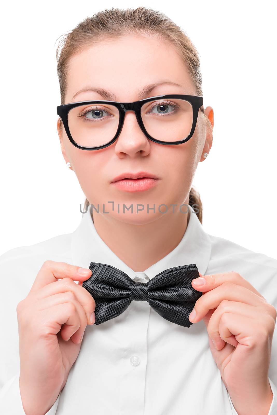 woman with glasses and a butterfly close-up portrait on a white background