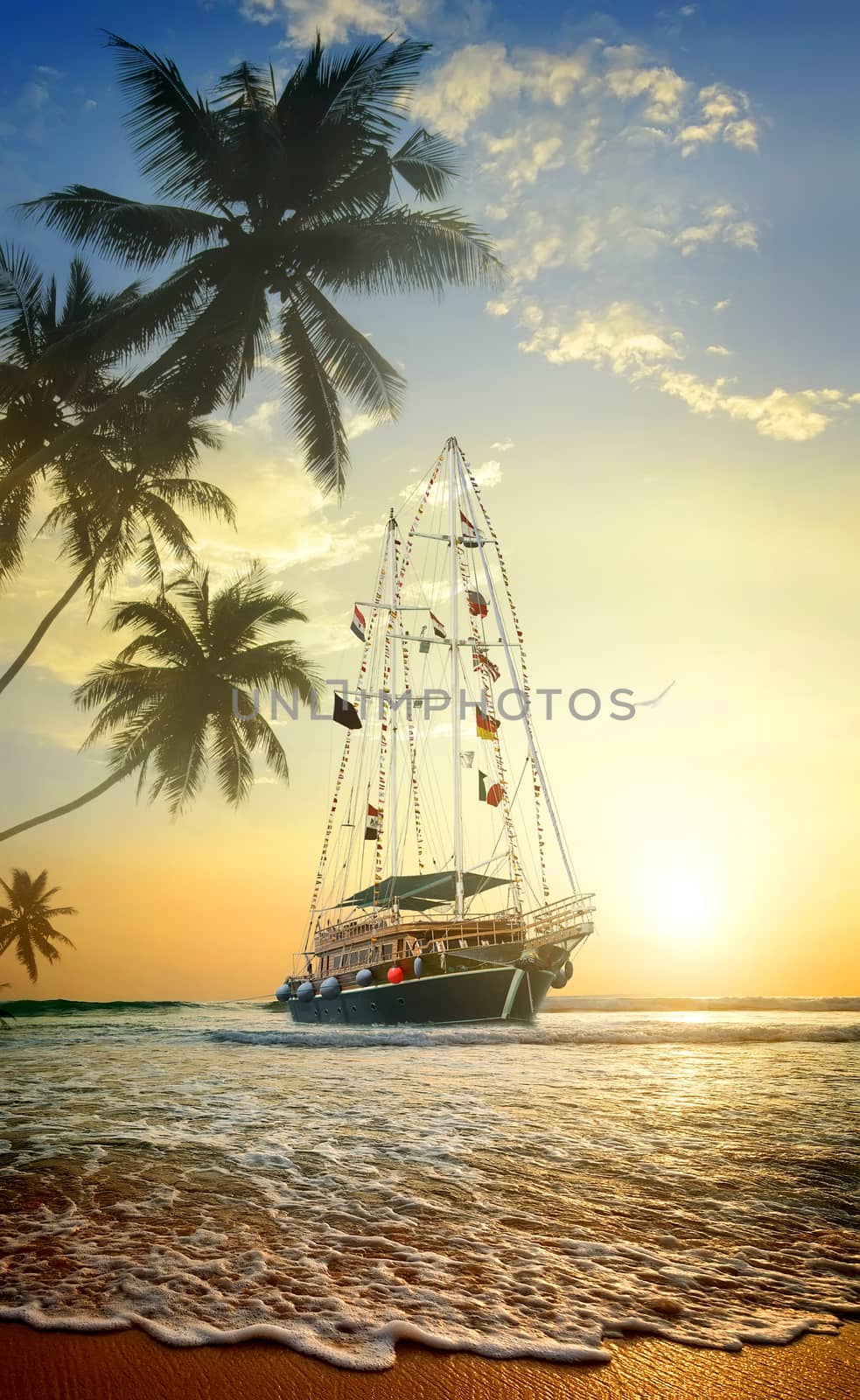 Beautiful ship in ocean near coast with palm trees
